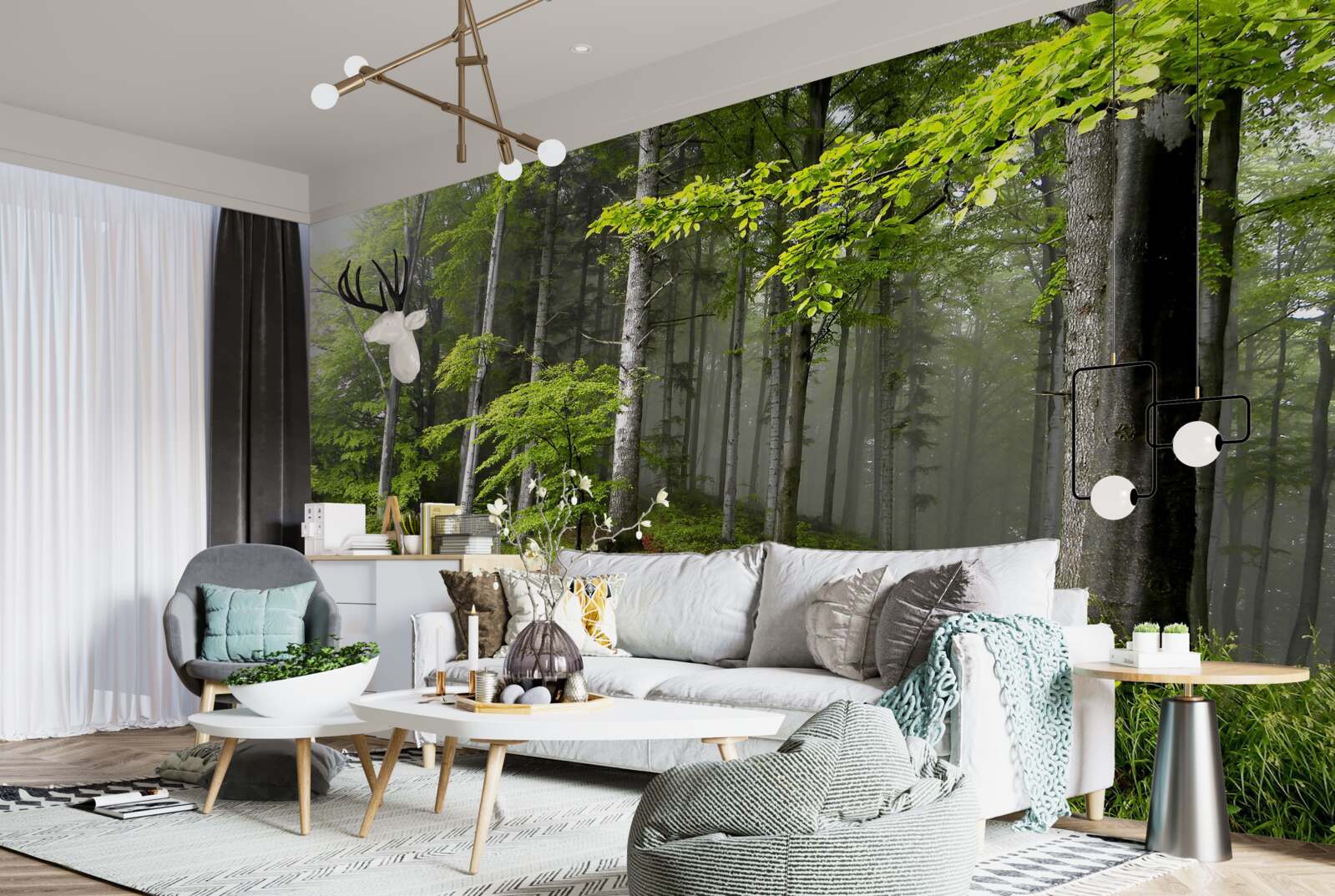 Papier peint forêt brumeuse avec des feuilles