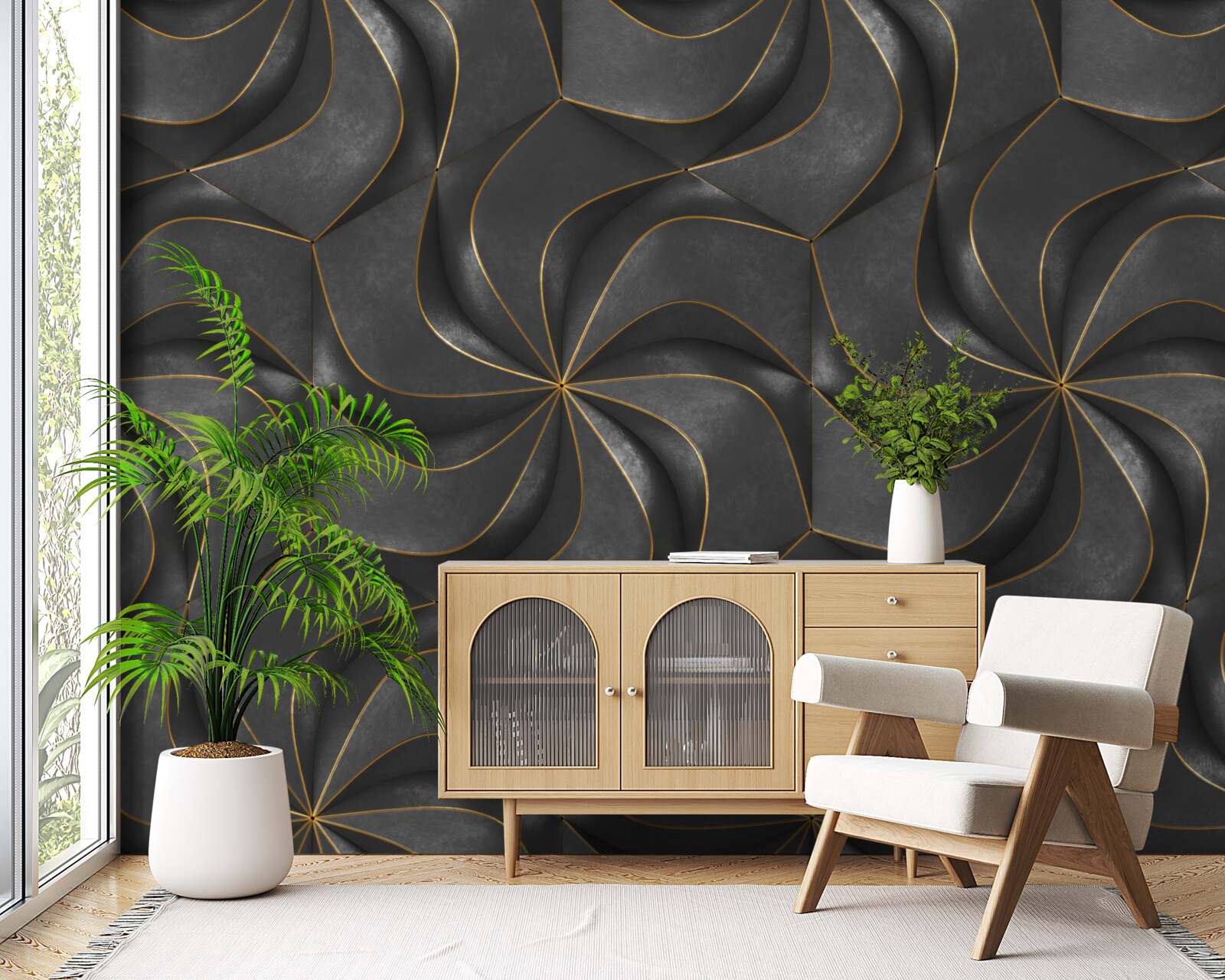 Papier peint motifs 3d foncés avec des accents dorés