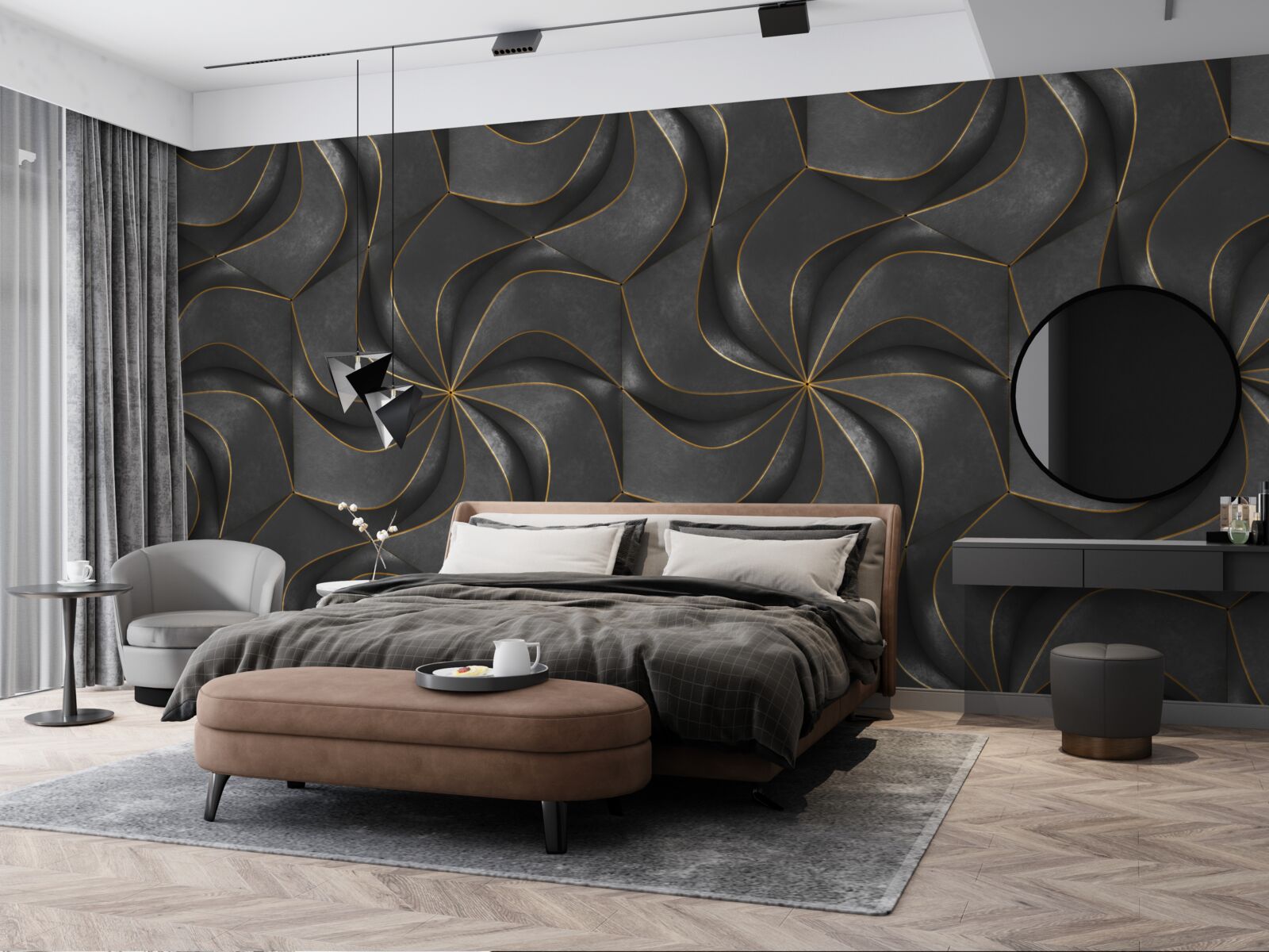 Papier peint motifs 3d foncés avec des accents dorés