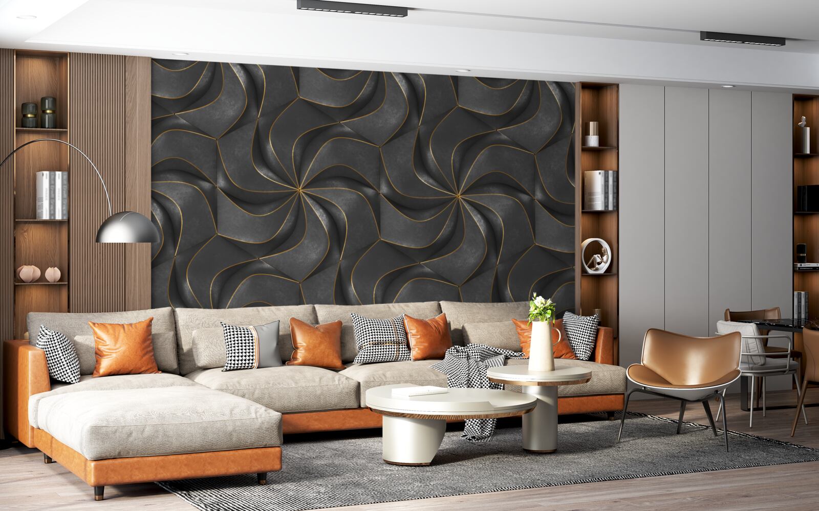 Papier peint motifs 3d foncés avec des accents dorés