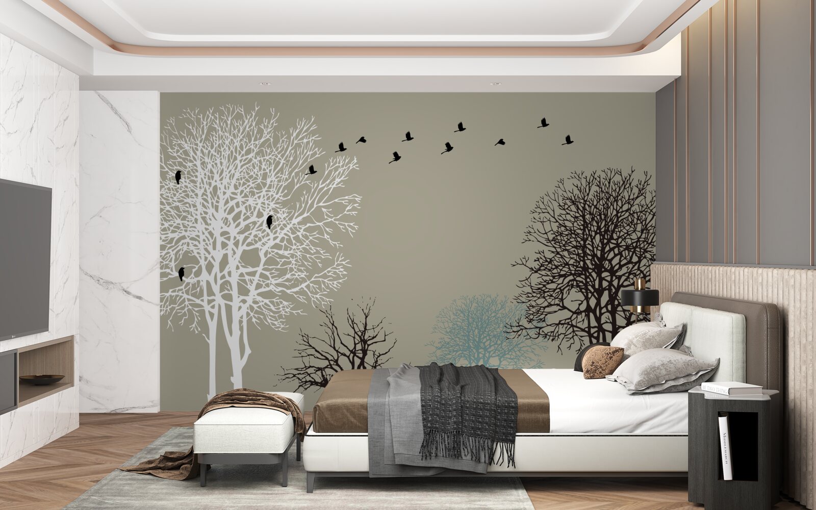 Papier peint les oiseaux volent au-dessus de la cime des arbres