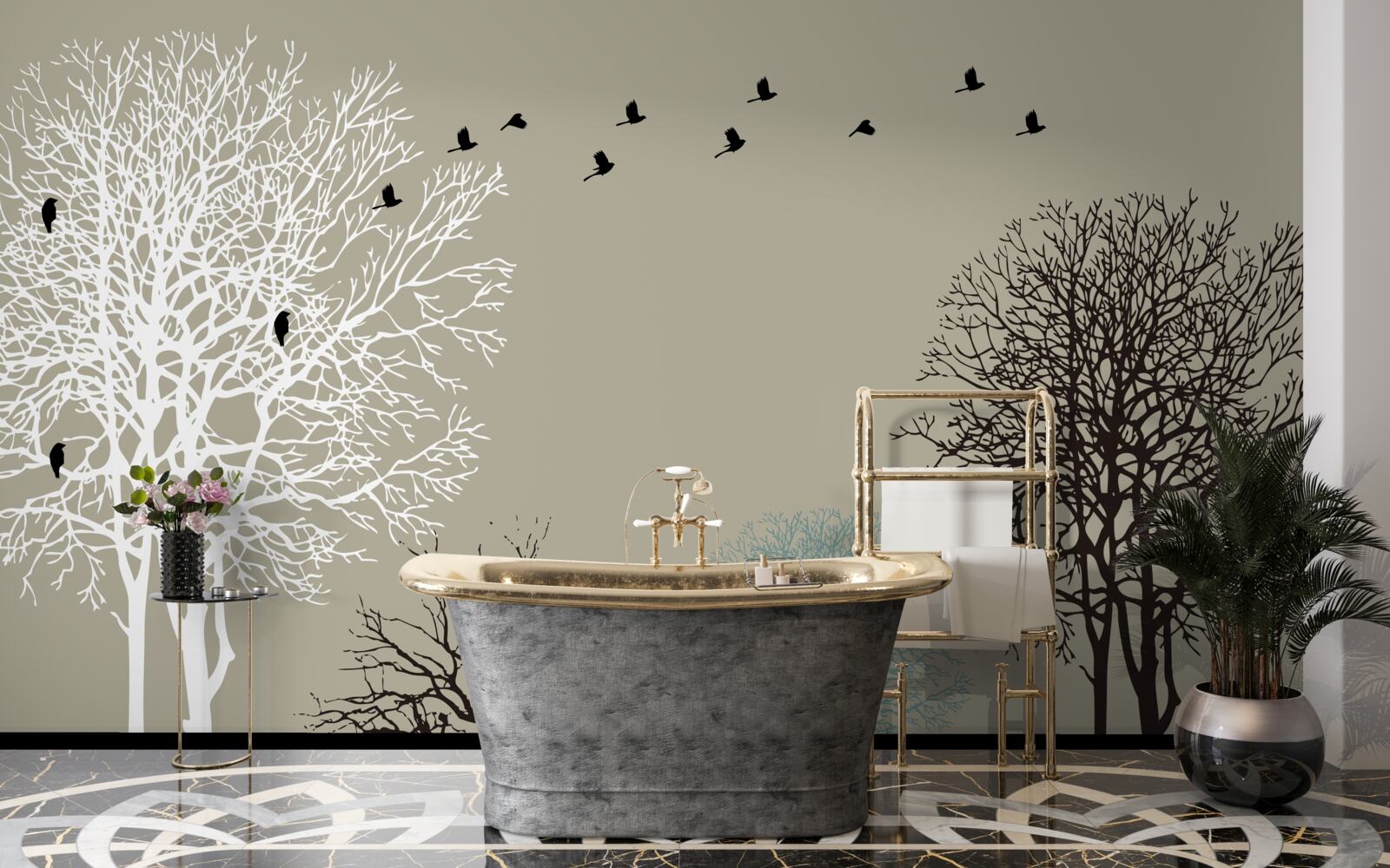 Papier peint les oiseaux volent au-dessus de la cime des arbres