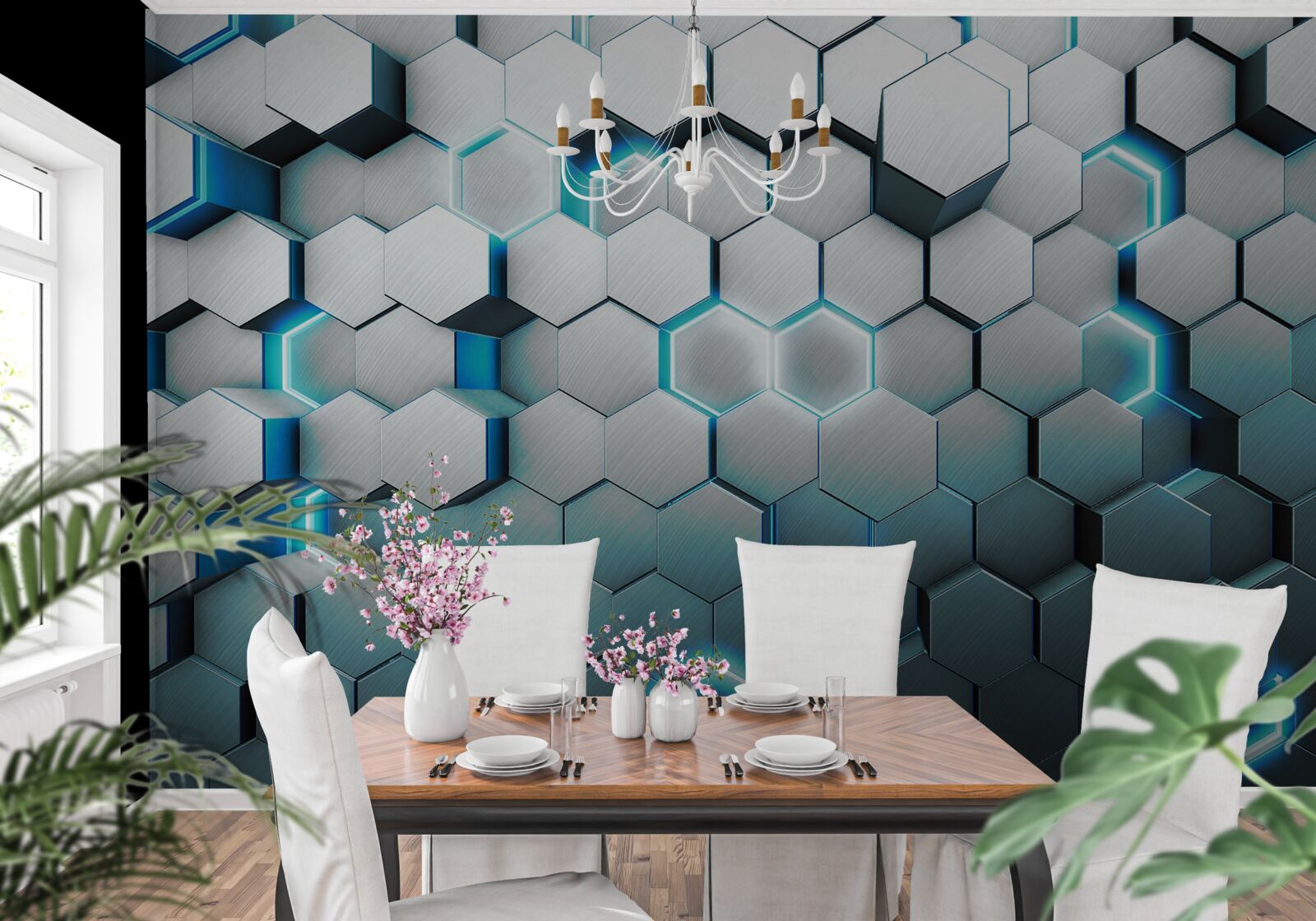 Papier peint formes pentagonales bleues