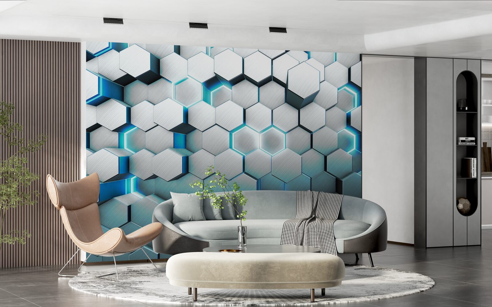 Papier peint formes pentagonales bleues