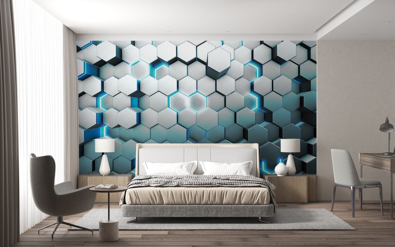 Papier peint formes pentagonales bleues