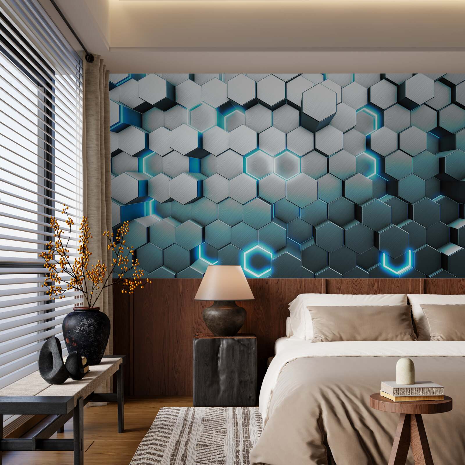 Papier peint formes pentagonales bleues