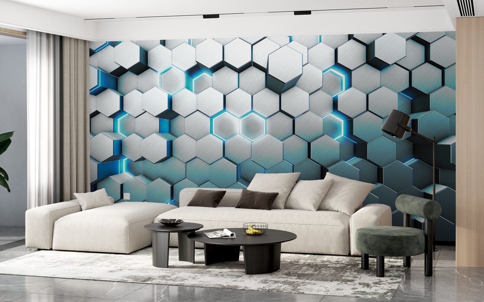 Papier peint formes pentagonales bleues