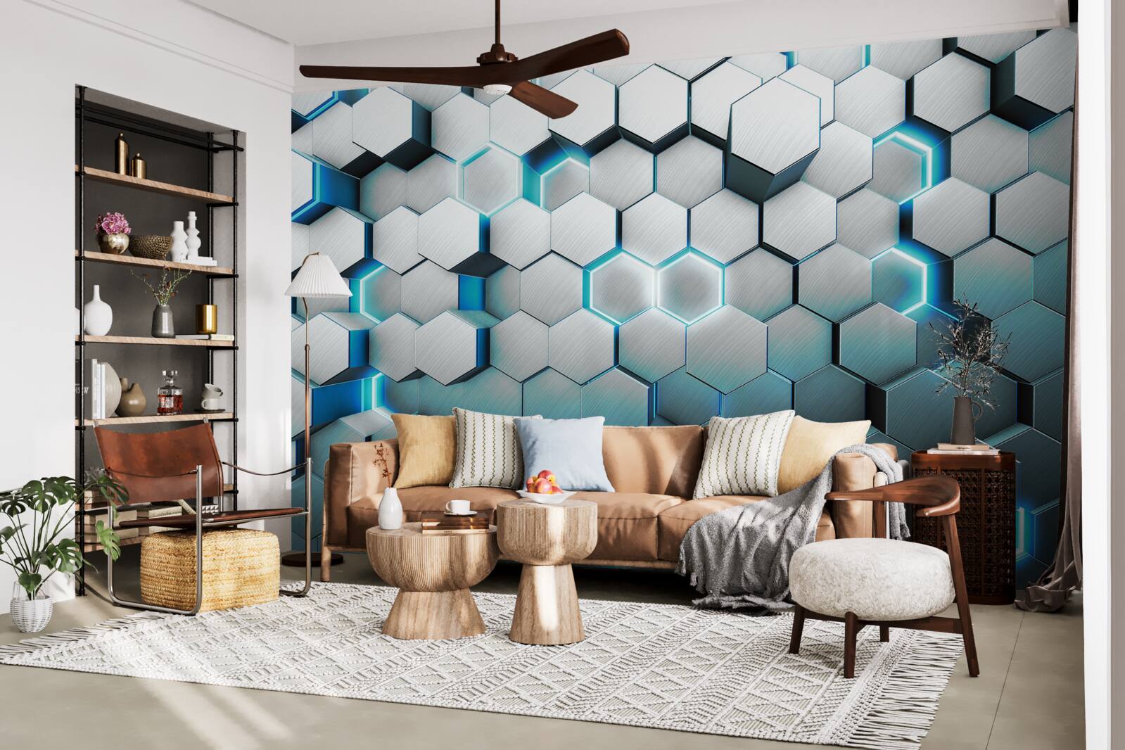 Papier peint formes pentagonales bleues