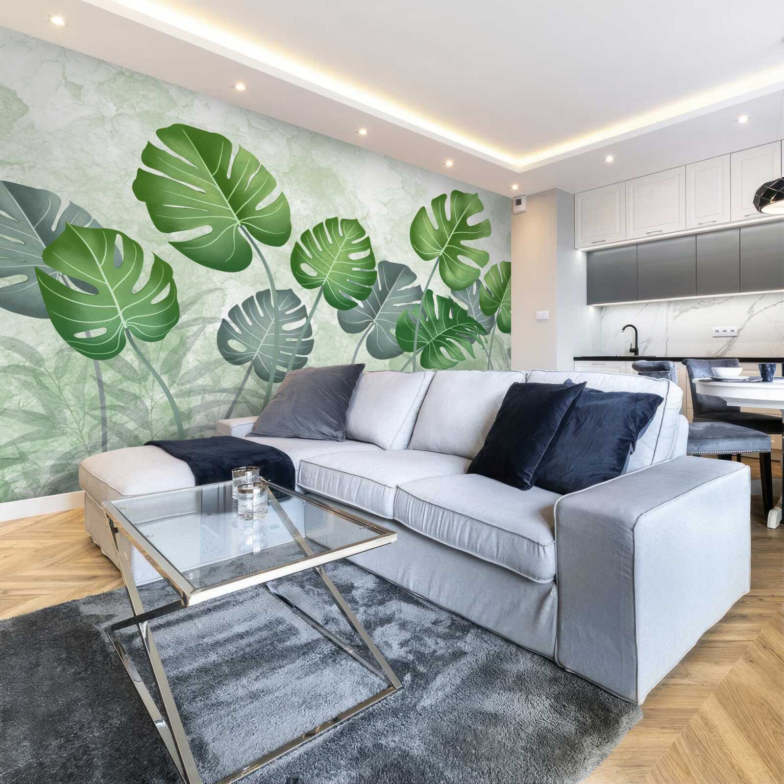 Papier peint grandes feuilles de monstera et de fougère