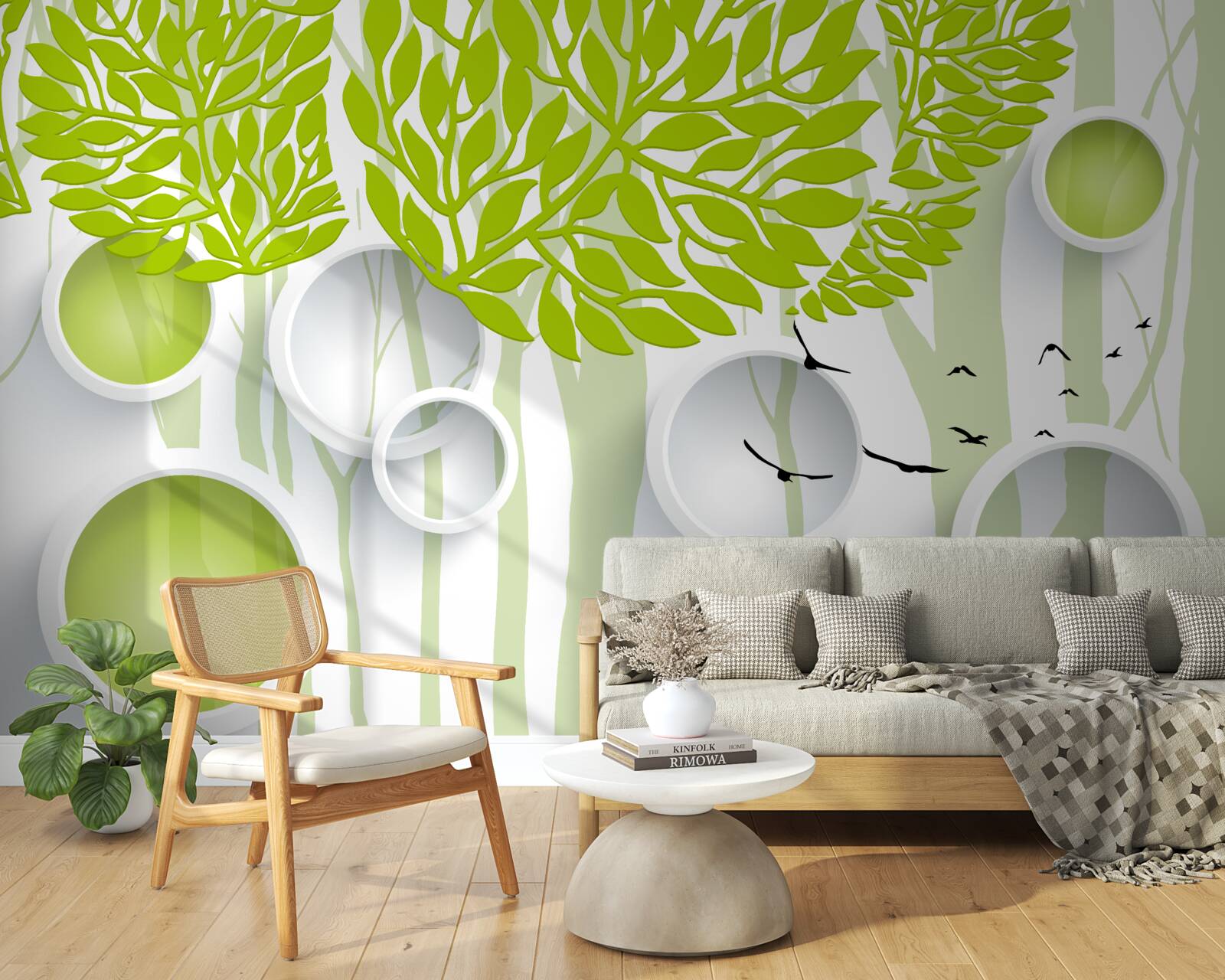 Papier peint image abstraite d'arbres printaniers de couleur vert clair