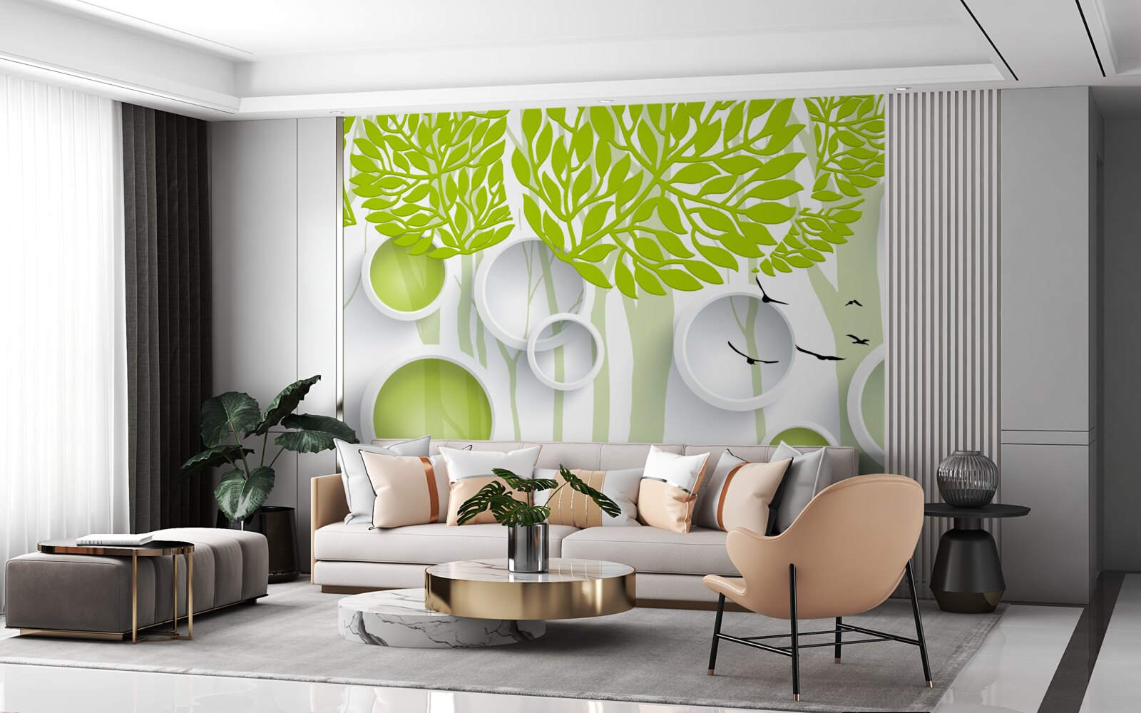 Papier peint image abstraite d'arbres printaniers de couleur vert clair