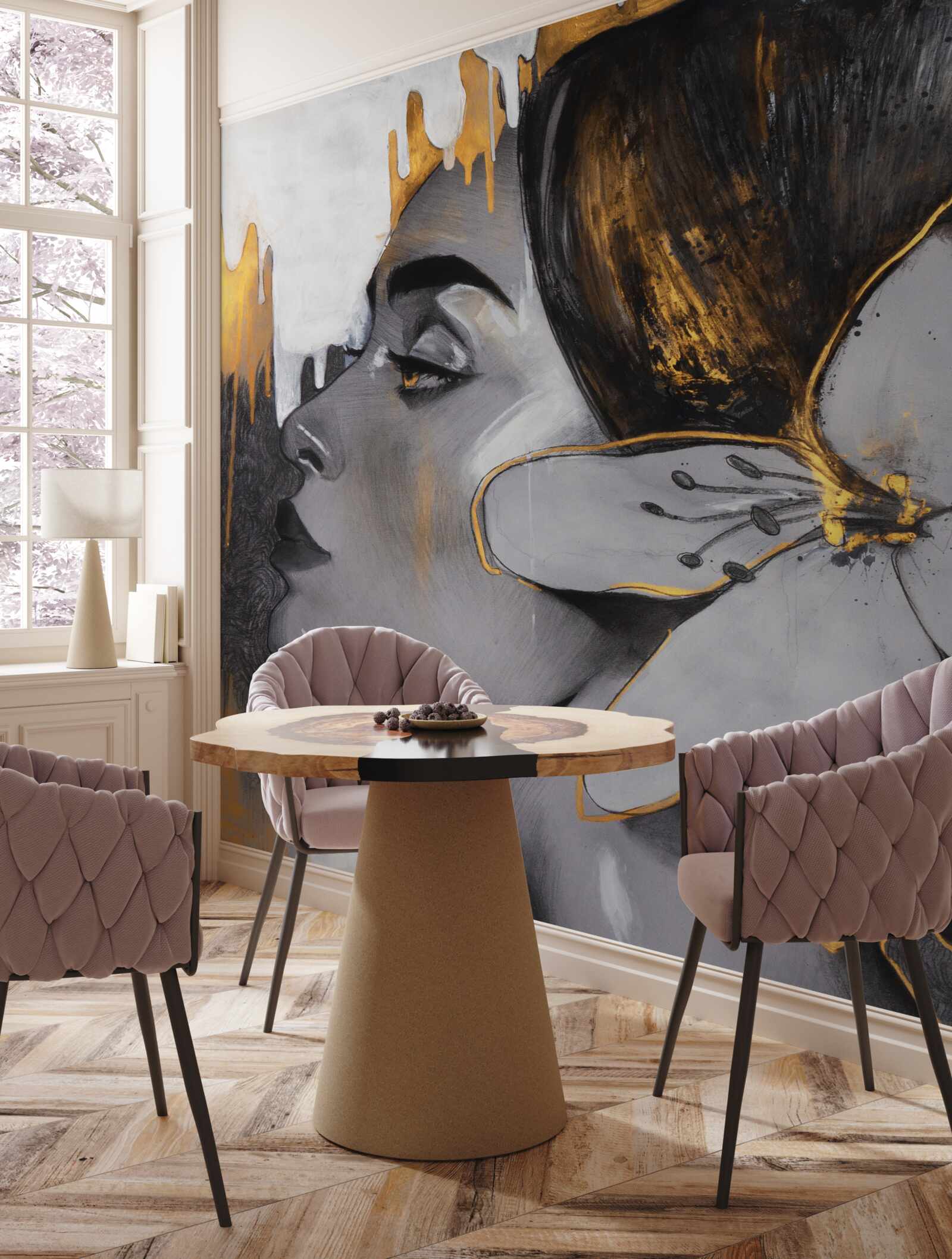 Papier peint figurine en bronze d'une fille avec une fleur