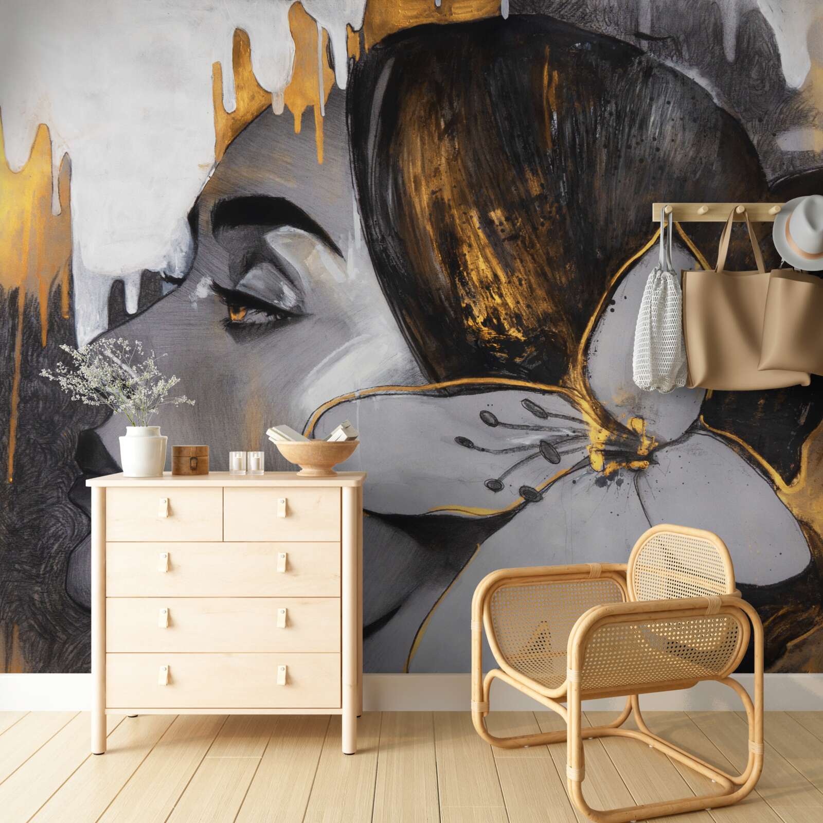 Papier peint figurine en bronze d'une fille avec une fleur