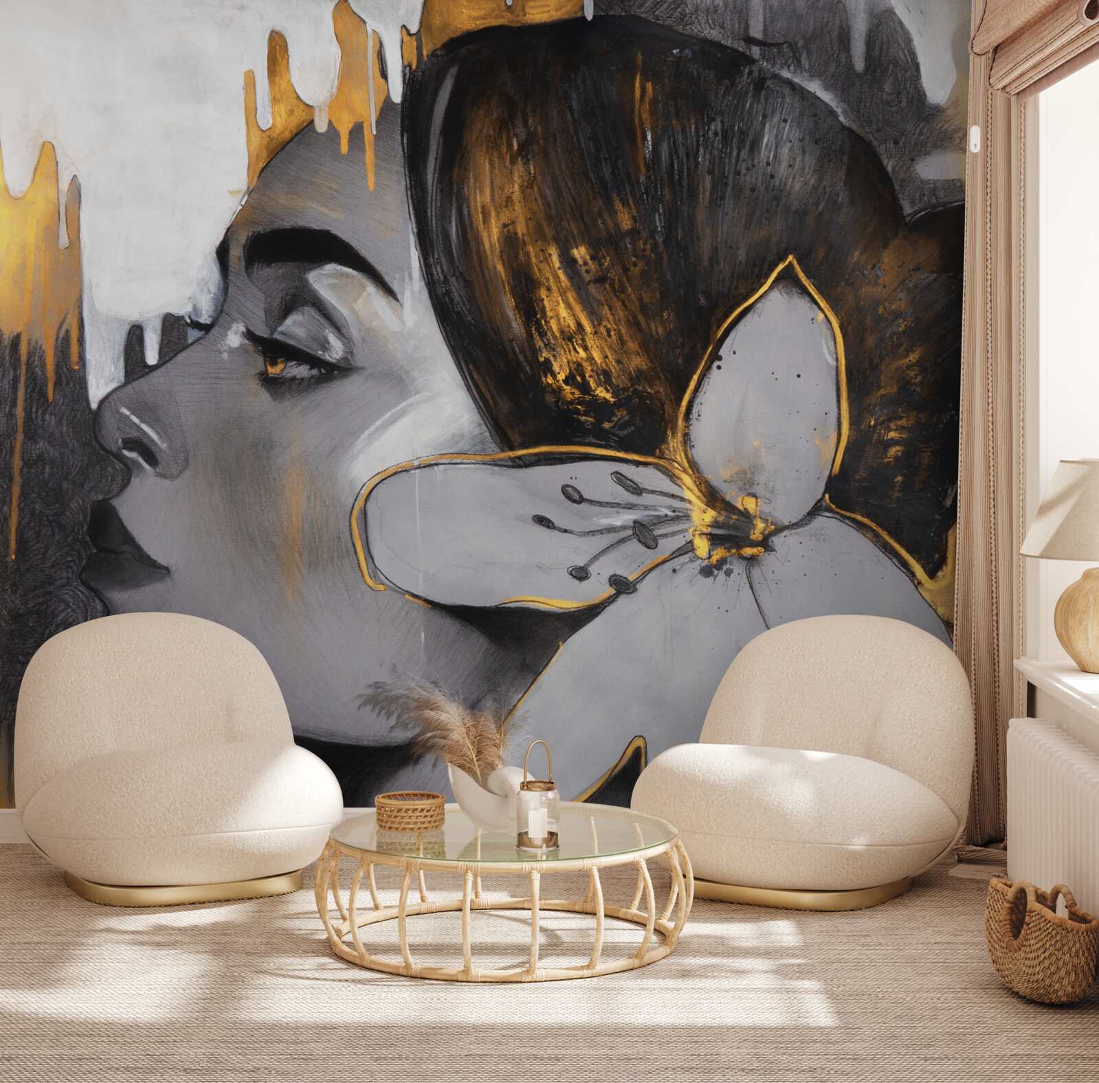 Papier peint figurine en bronze d'une fille avec une fleur