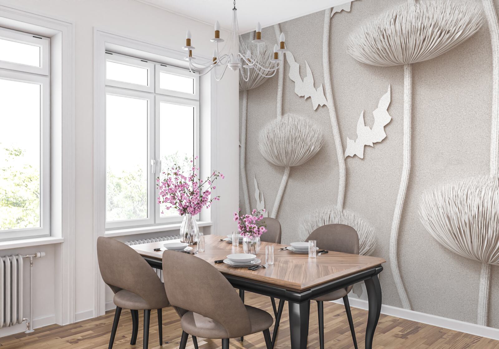 Papier peint fleurs blanches élancées à la texture duveteuse