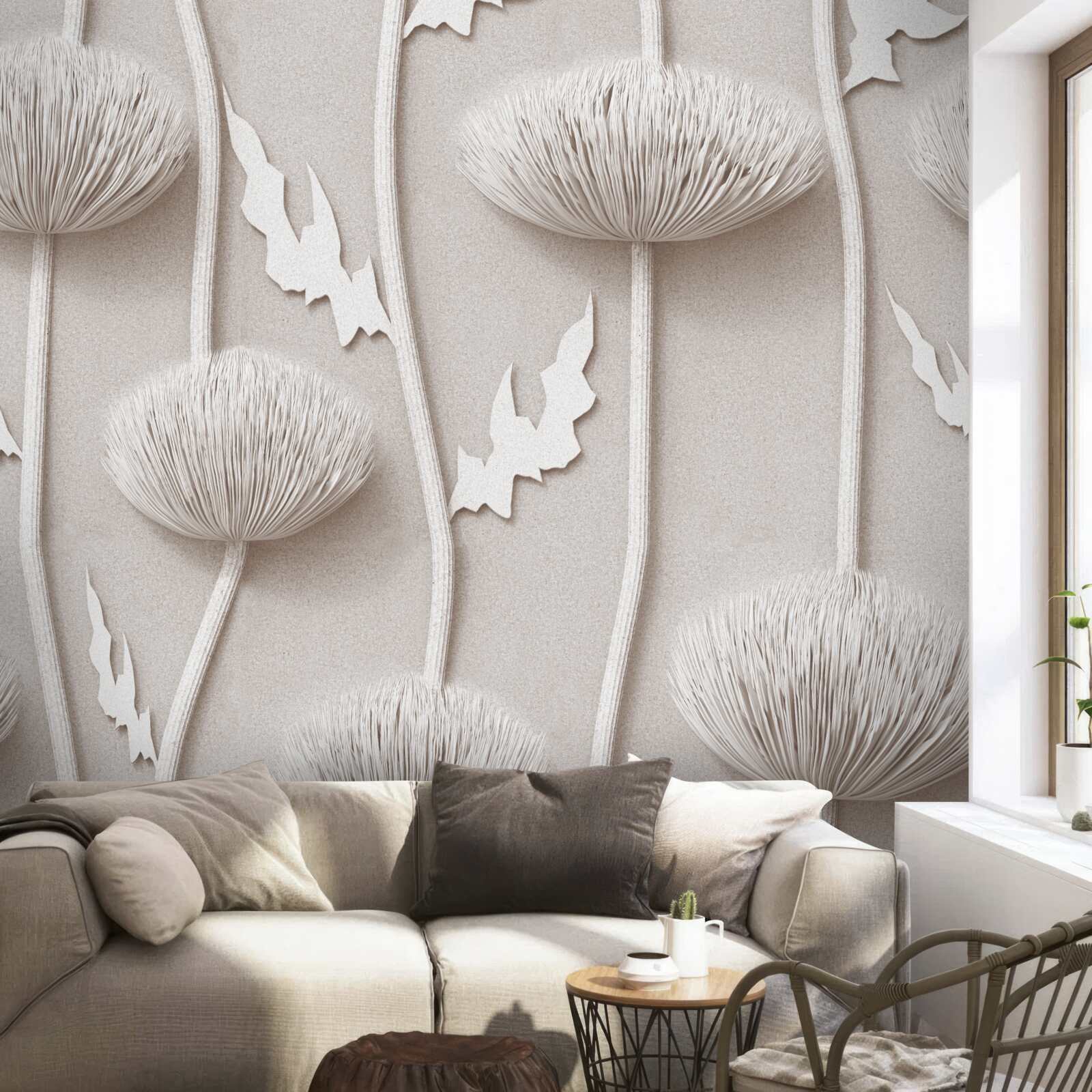 Papier peint fleurs blanches élancées à la texture duveteuse