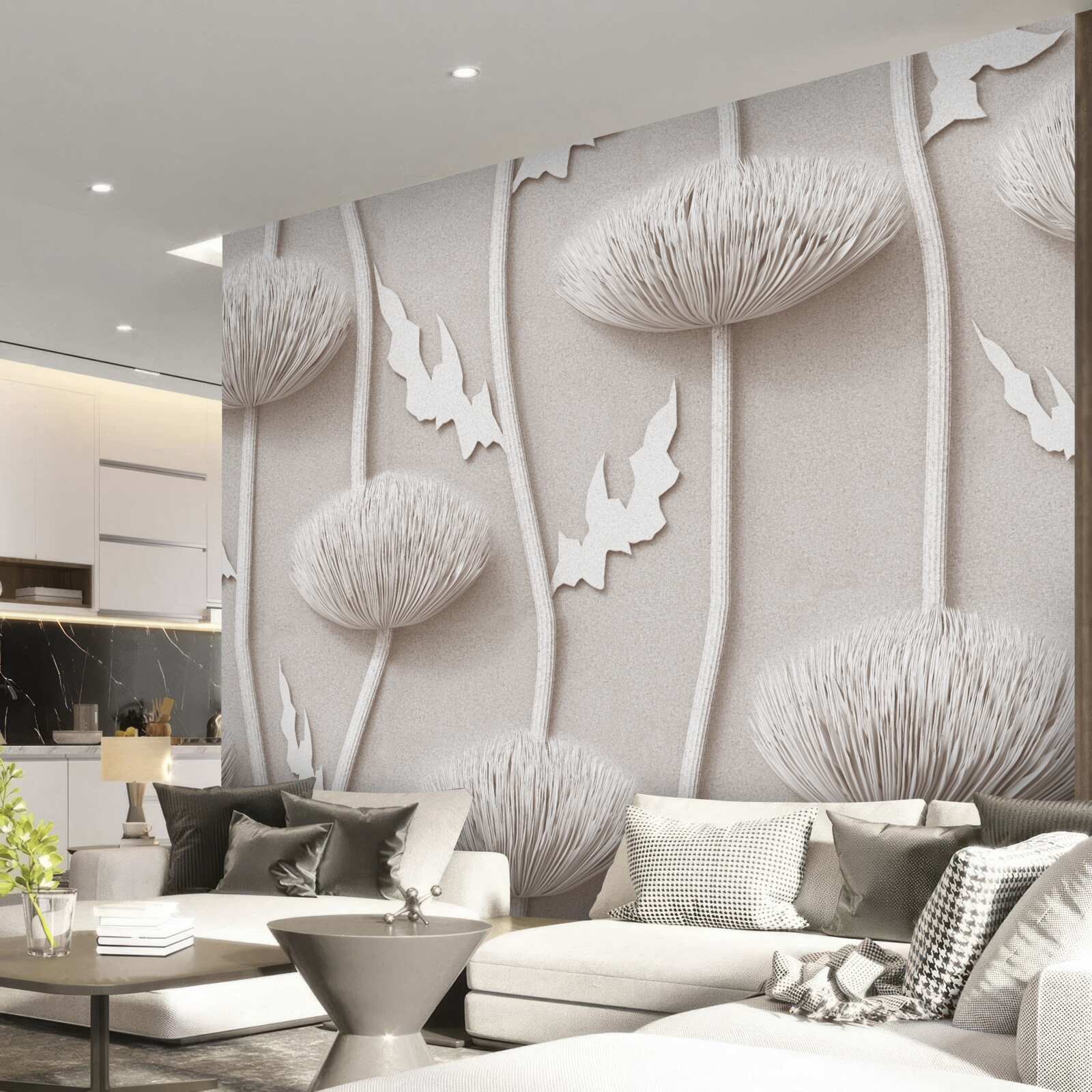 Papier peint fleurs blanches élancées à la texture duveteuse