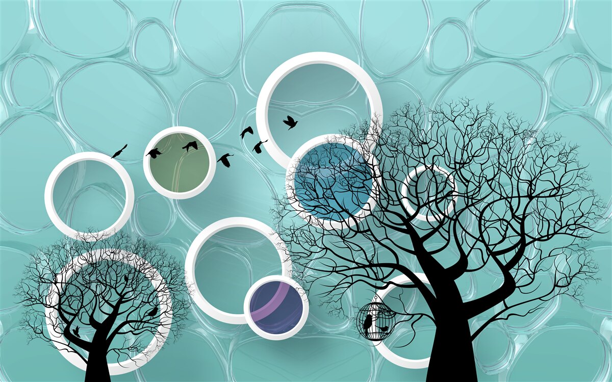 Papier peint cercles et arbres turquoise