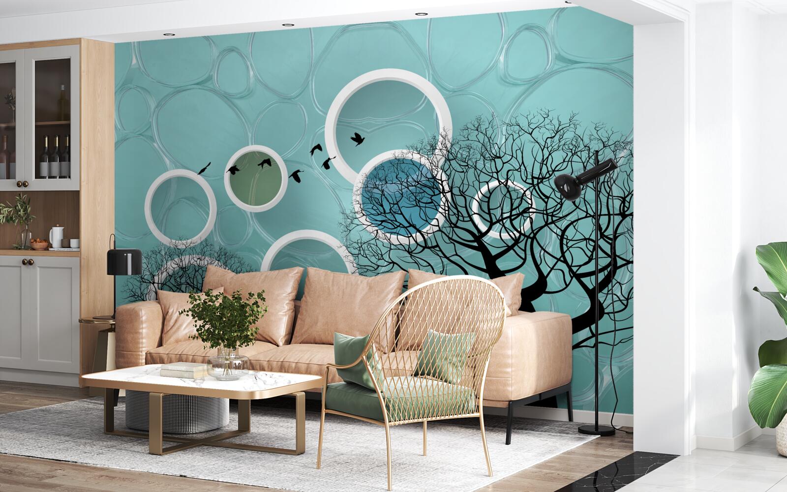 Papier peint cercles et arbres turquoise