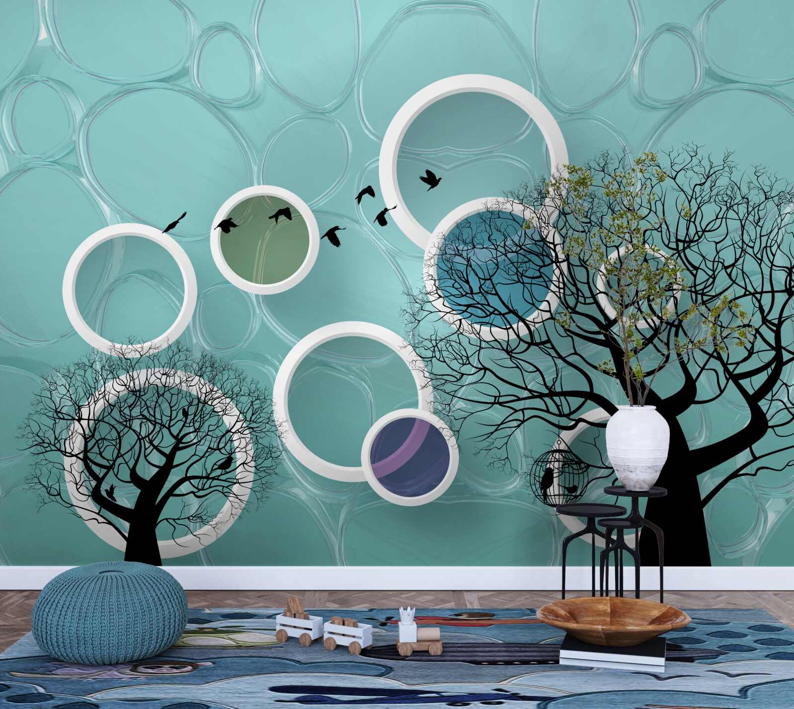 Papier peint cercles et arbres turquoise