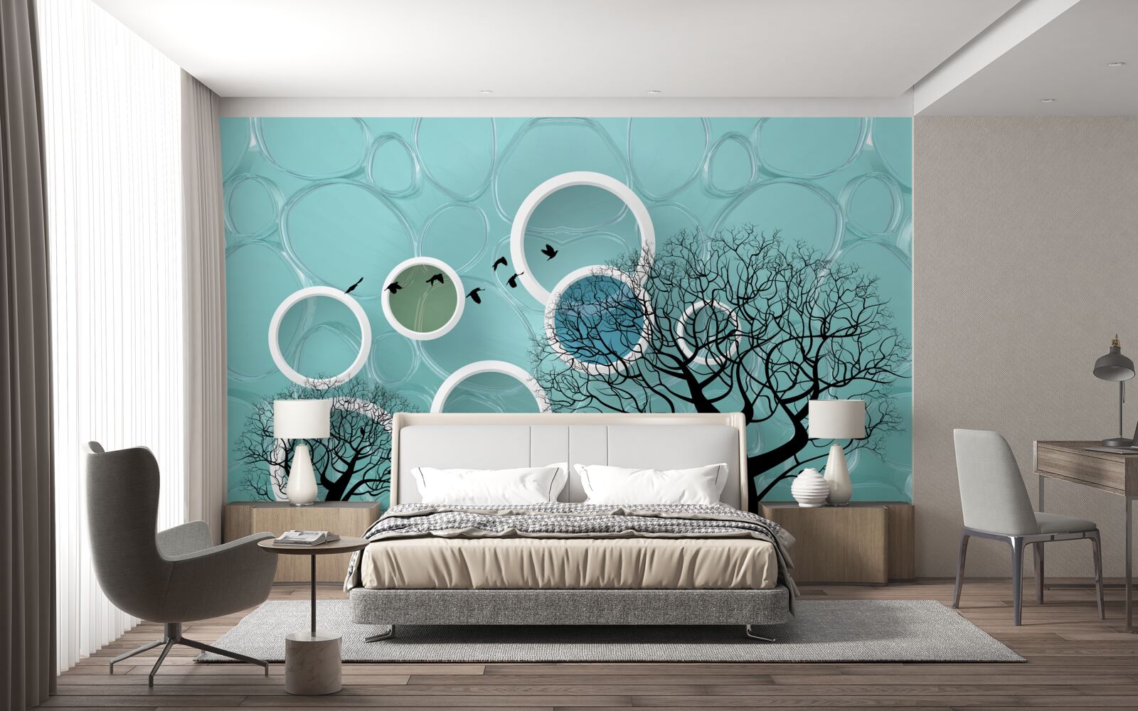 Papier peint cercles et arbres turquoise