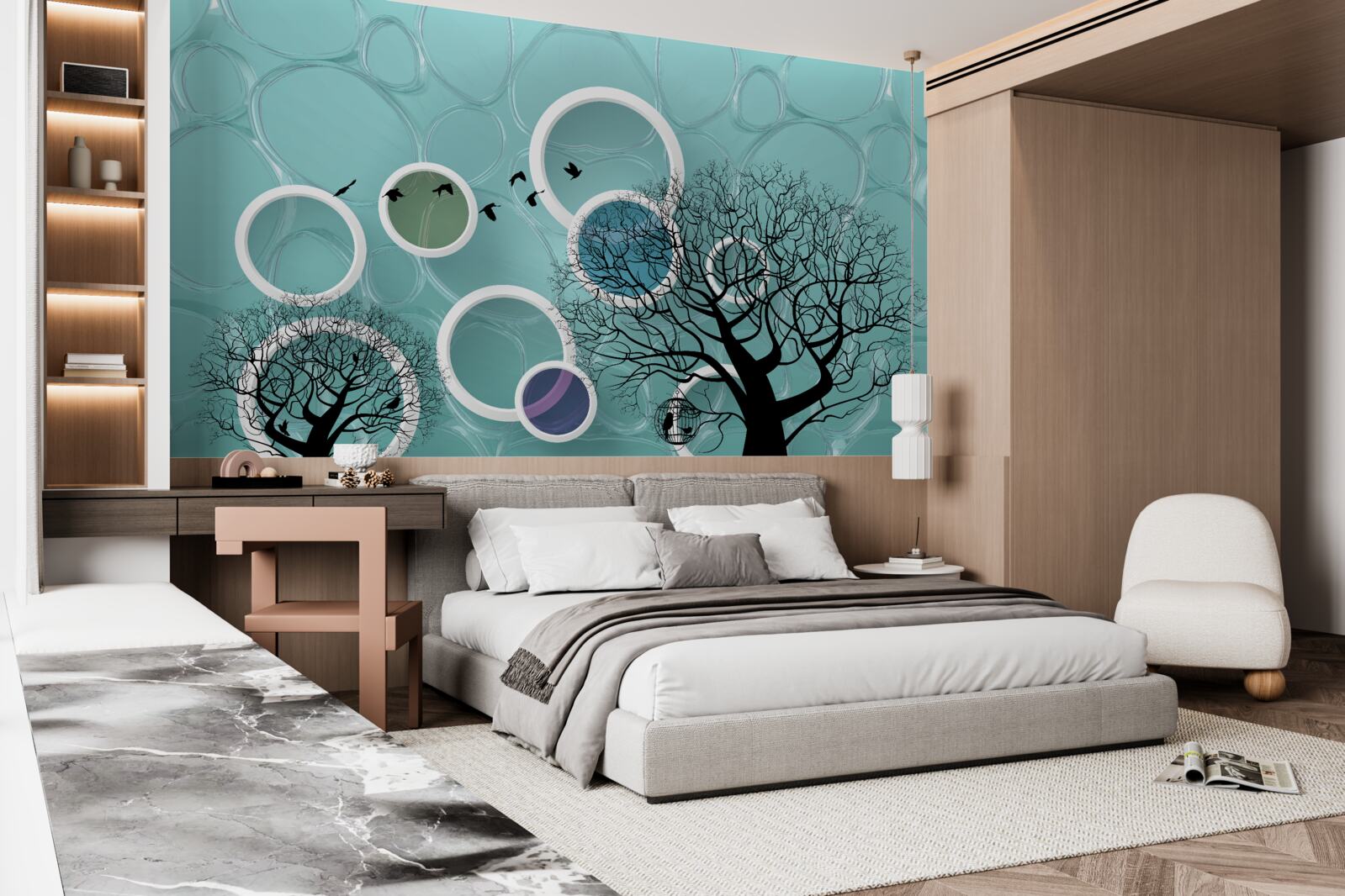 Papier peint cercles et arbres turquoise