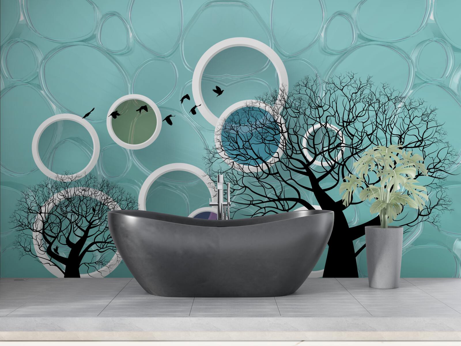 Papier peint cercles et arbres turquoise