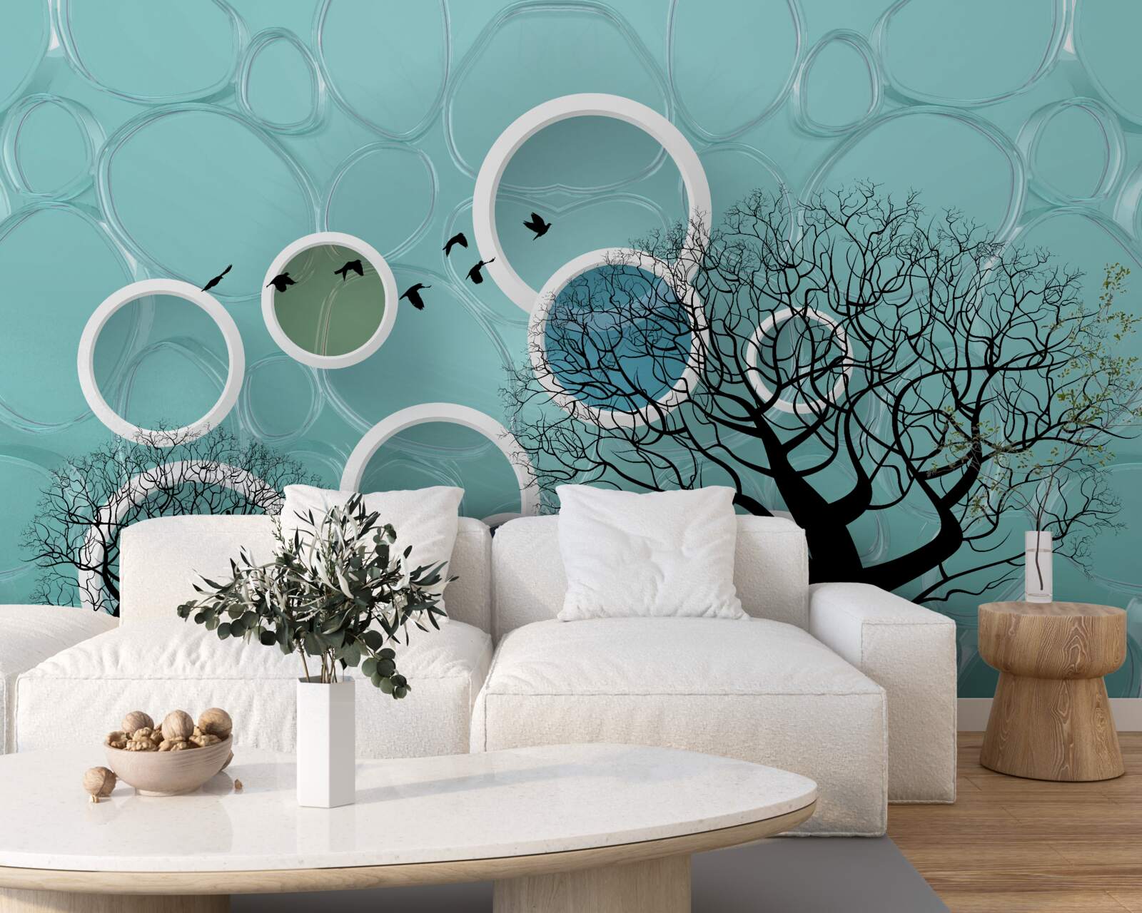 Papier peint cercles et arbres turquoise