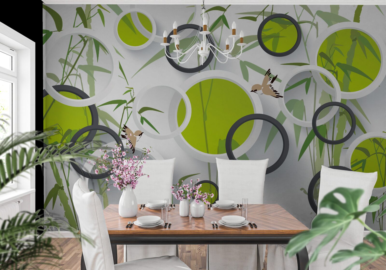 Papier peint cercles sur les plantes et les oiseaux