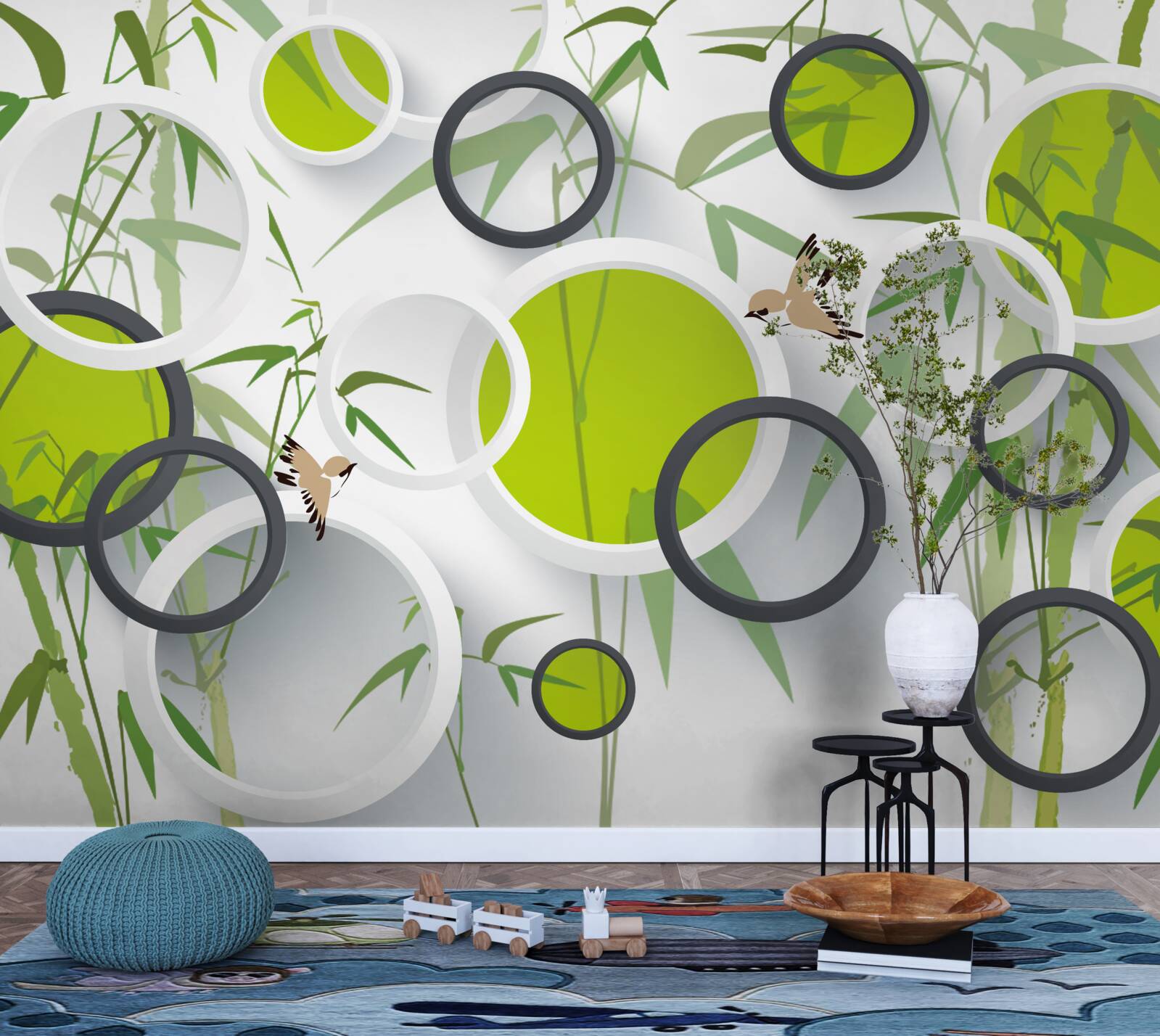 Papier peint cercles sur les plantes et les oiseaux