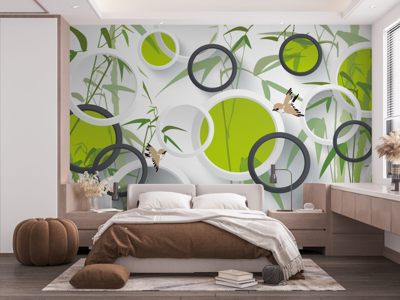 Papier peint cercles sur les plantes et les oiseaux