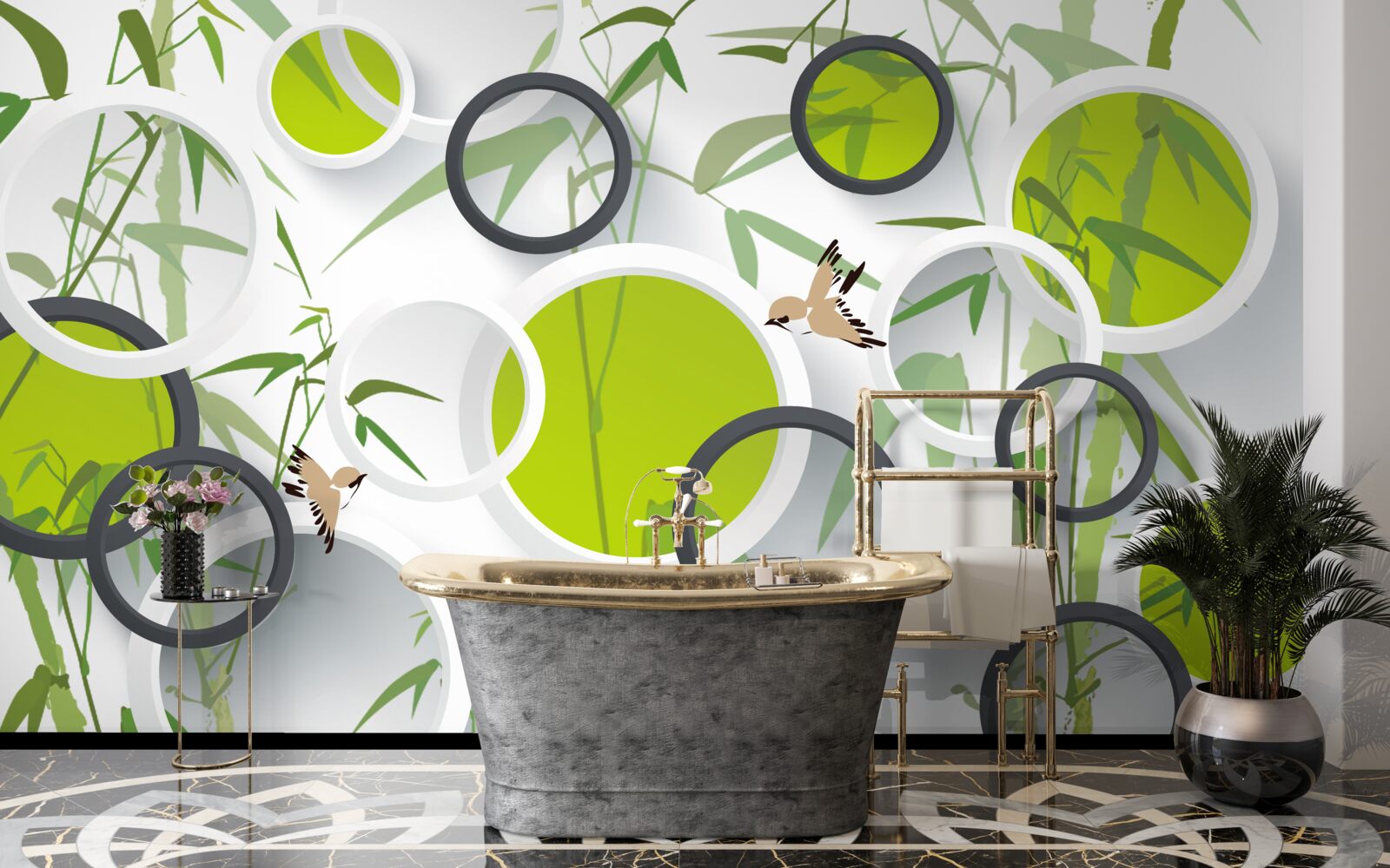 Papier peint cercles sur les plantes et les oiseaux