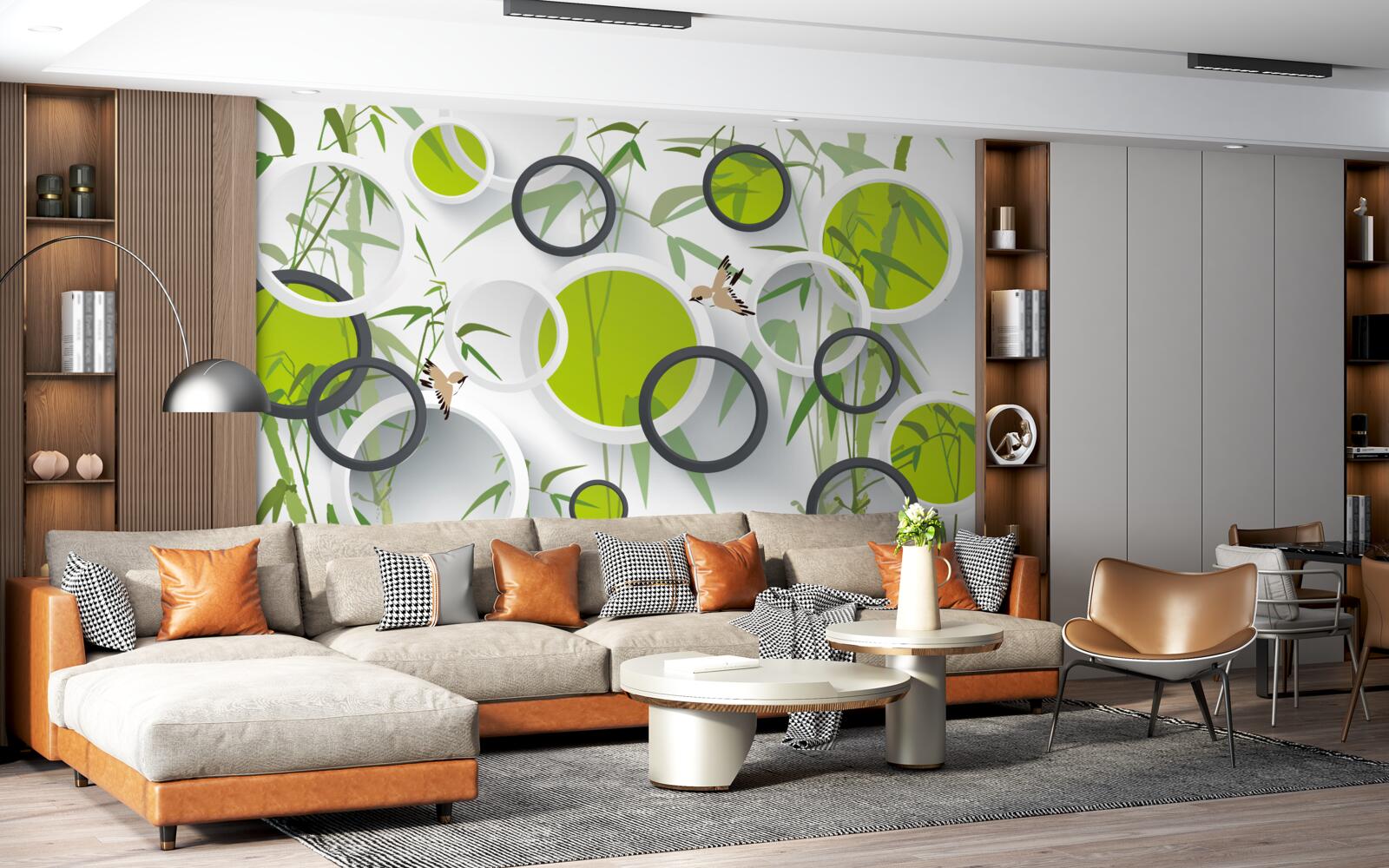 Papier peint cercles sur les plantes et les oiseaux