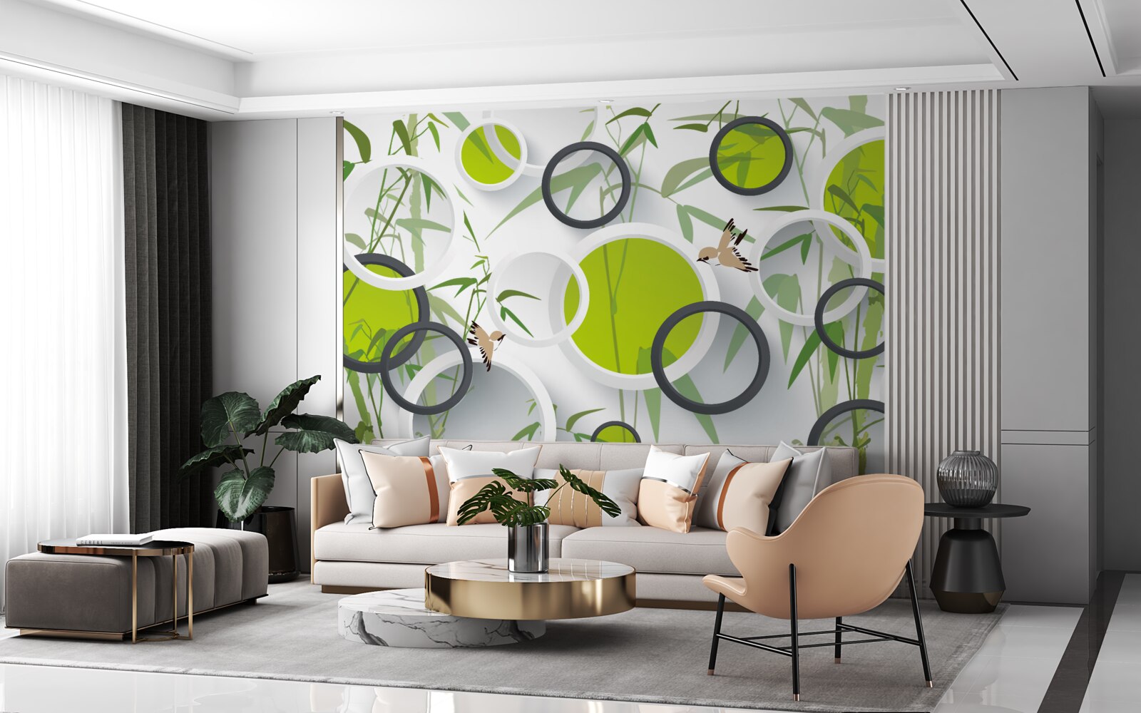 Papier peint cercles sur les plantes et les oiseaux