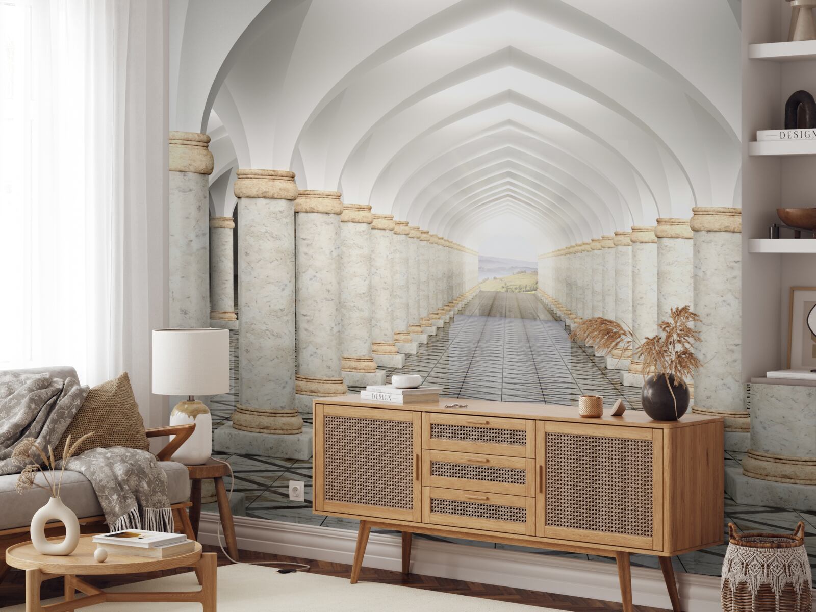 Papier peint un tunnel sans fin parsemé de colonnes