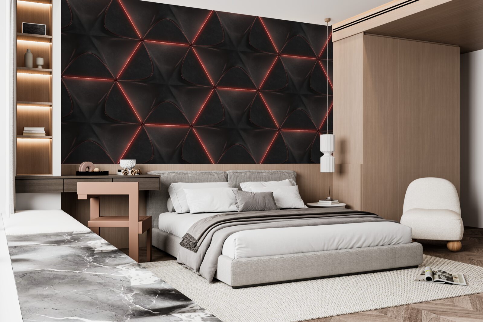 Papier peint pentagones dont les côtés rouges sont de même longueur