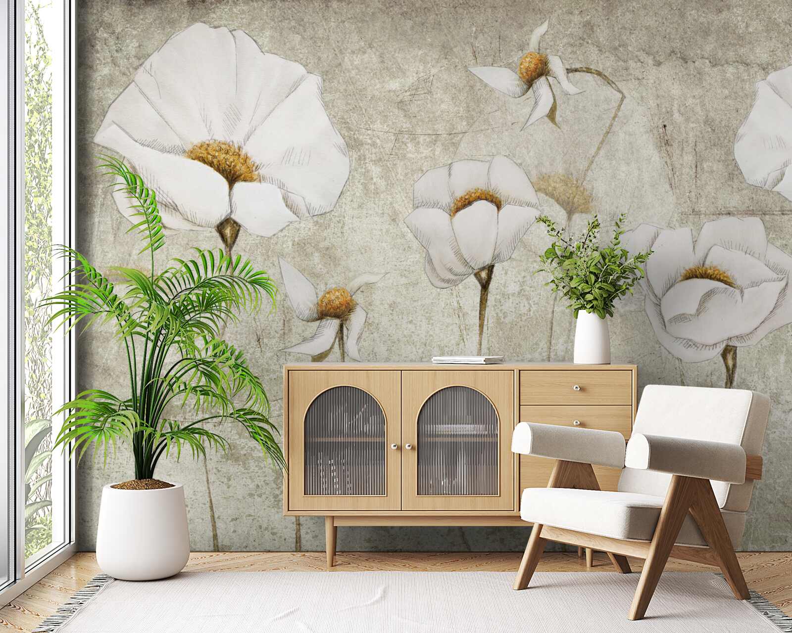 Papier peint coquelicots blancs élancés