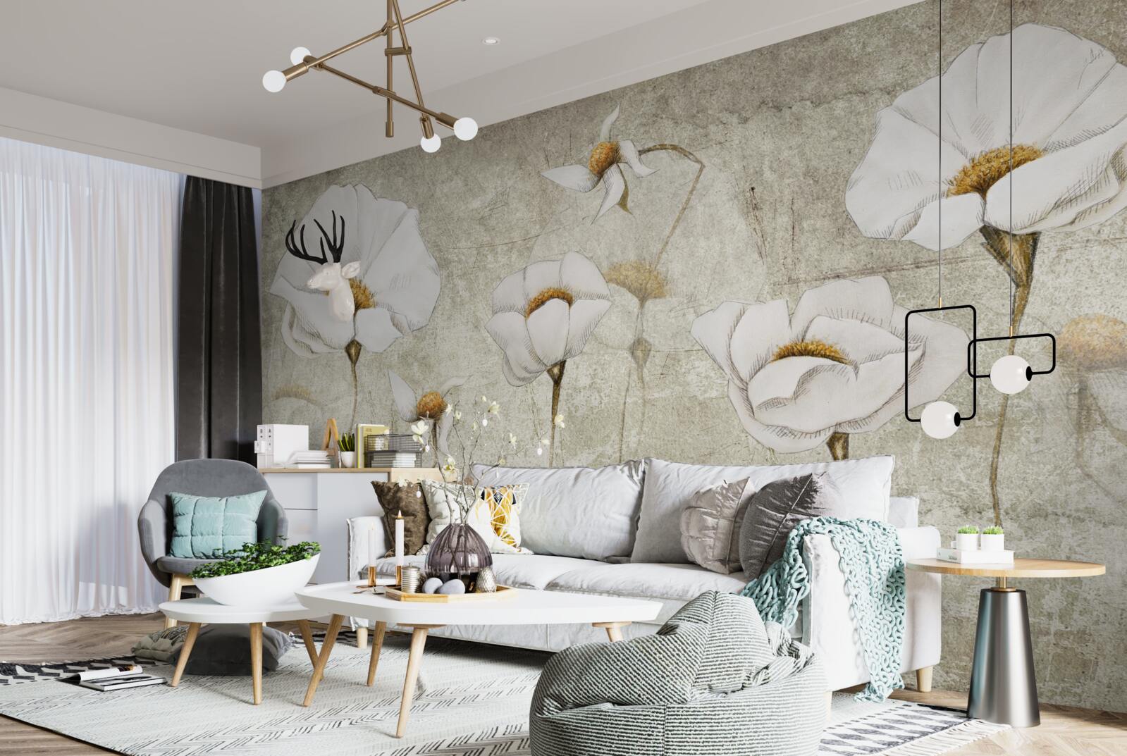 Papier peint coquelicots blancs élancés