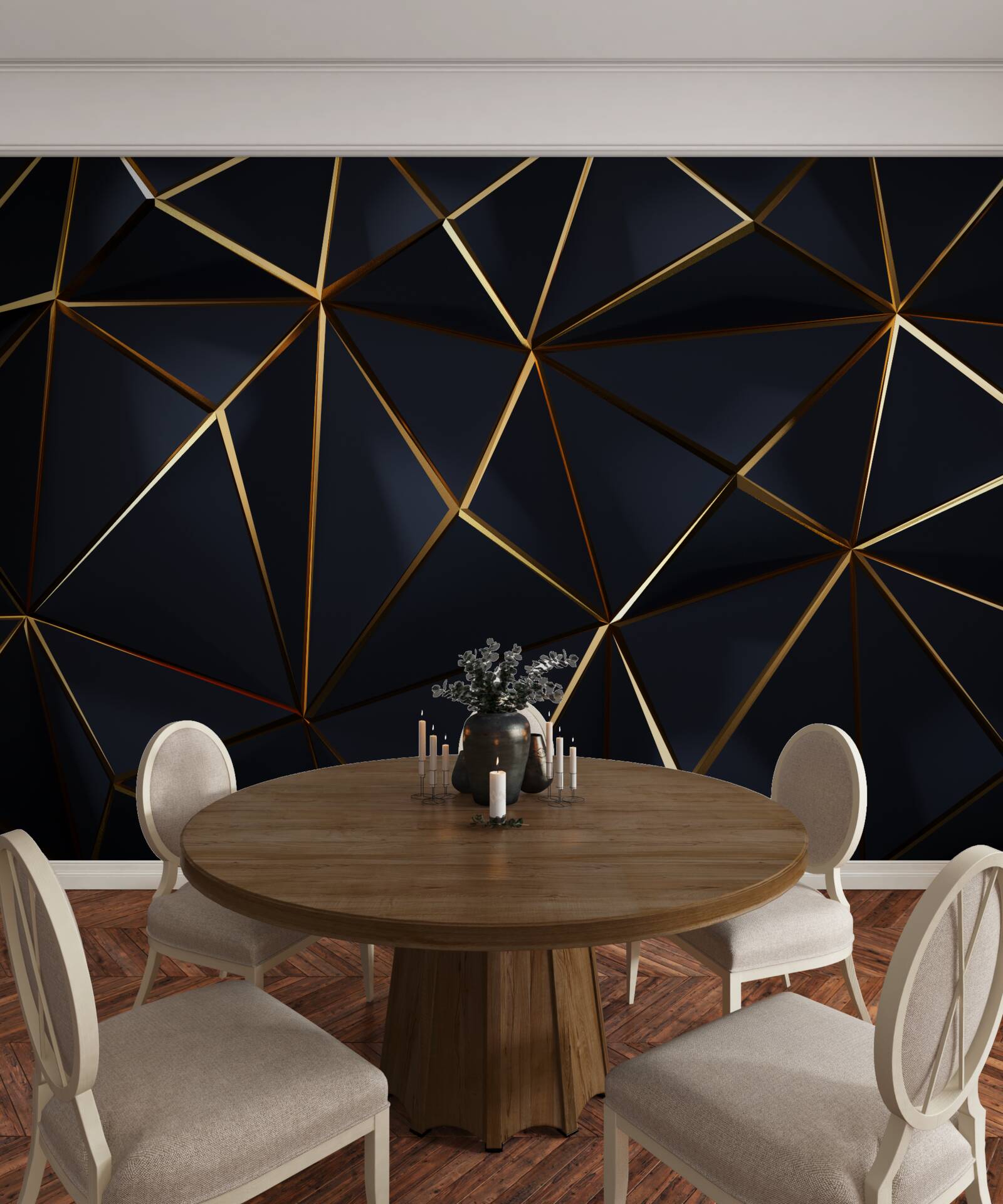 Papier peint triangles dorés avec accents noirs