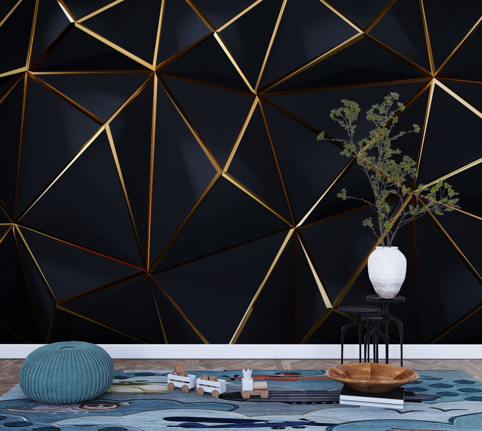 Papier peint triangles dorés avec accents noirs