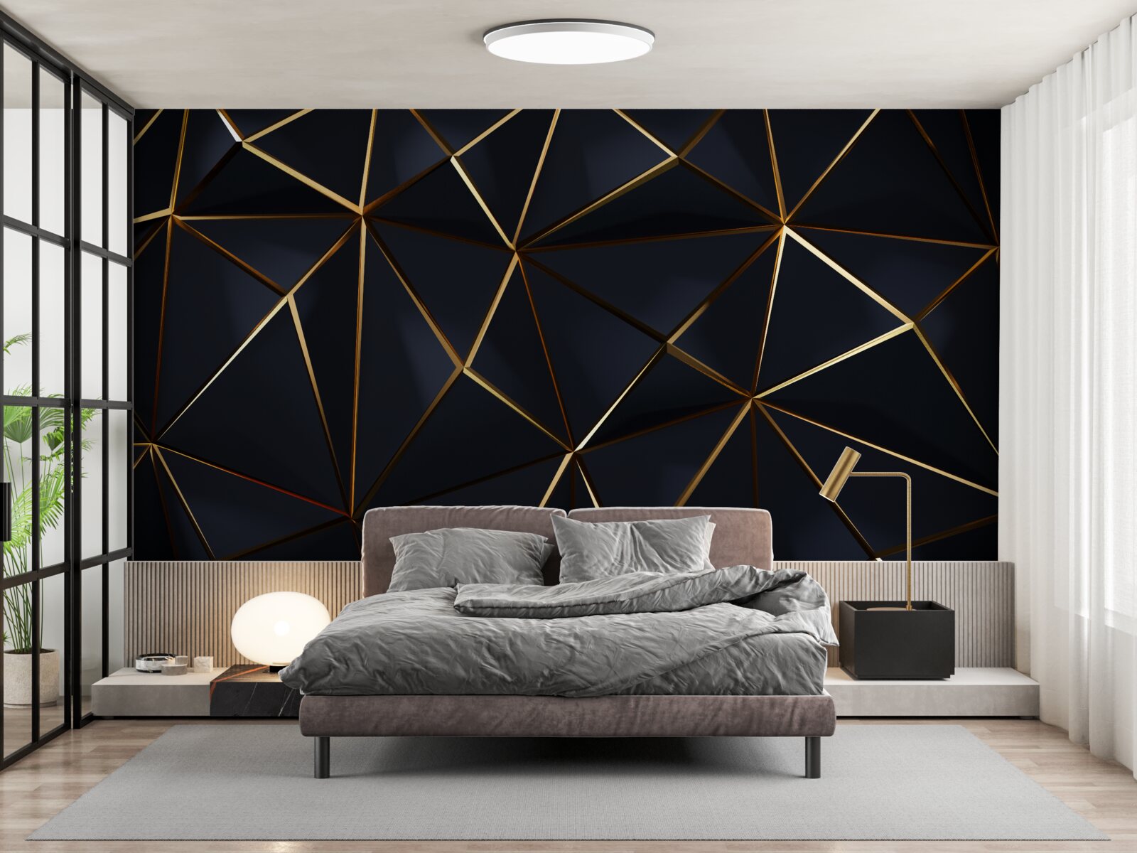 Papier peint triangles dorés avec accents noirs