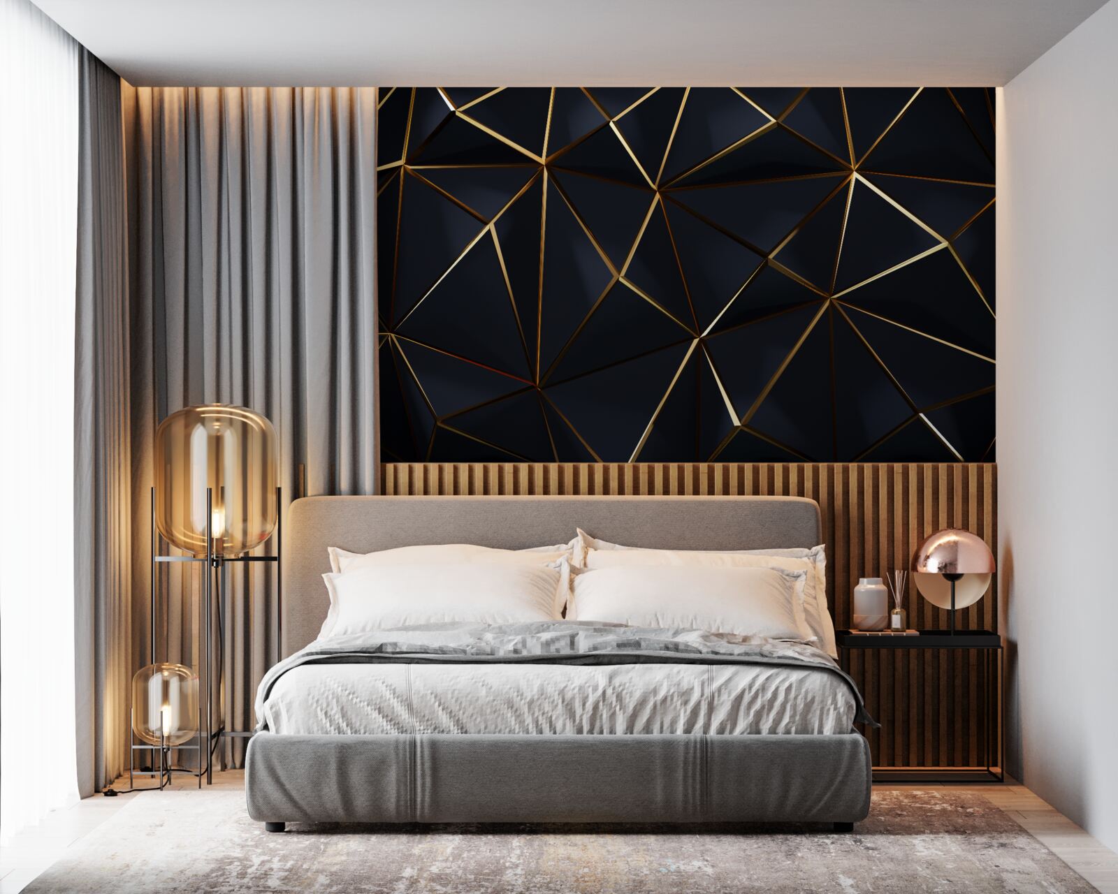 Papier peint triangles dorés avec accents noirs