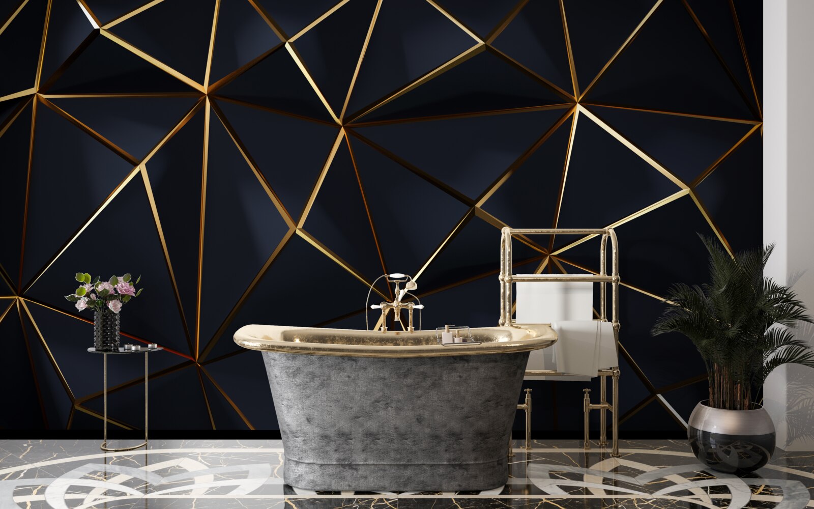 Papier peint triangles dorés avec accents noirs