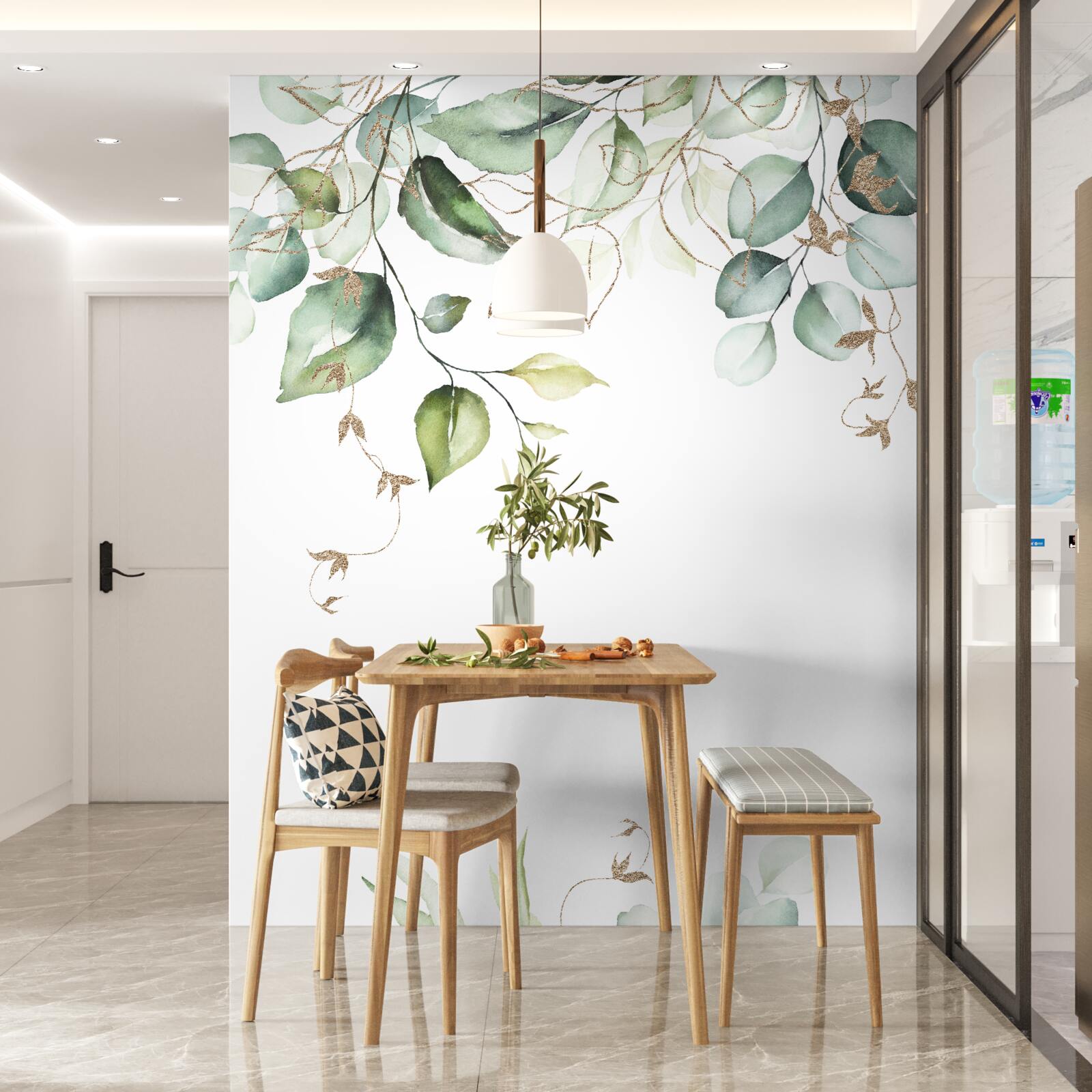 Papier peint Aquarelle avec des feuilles vertes sur fond blanc