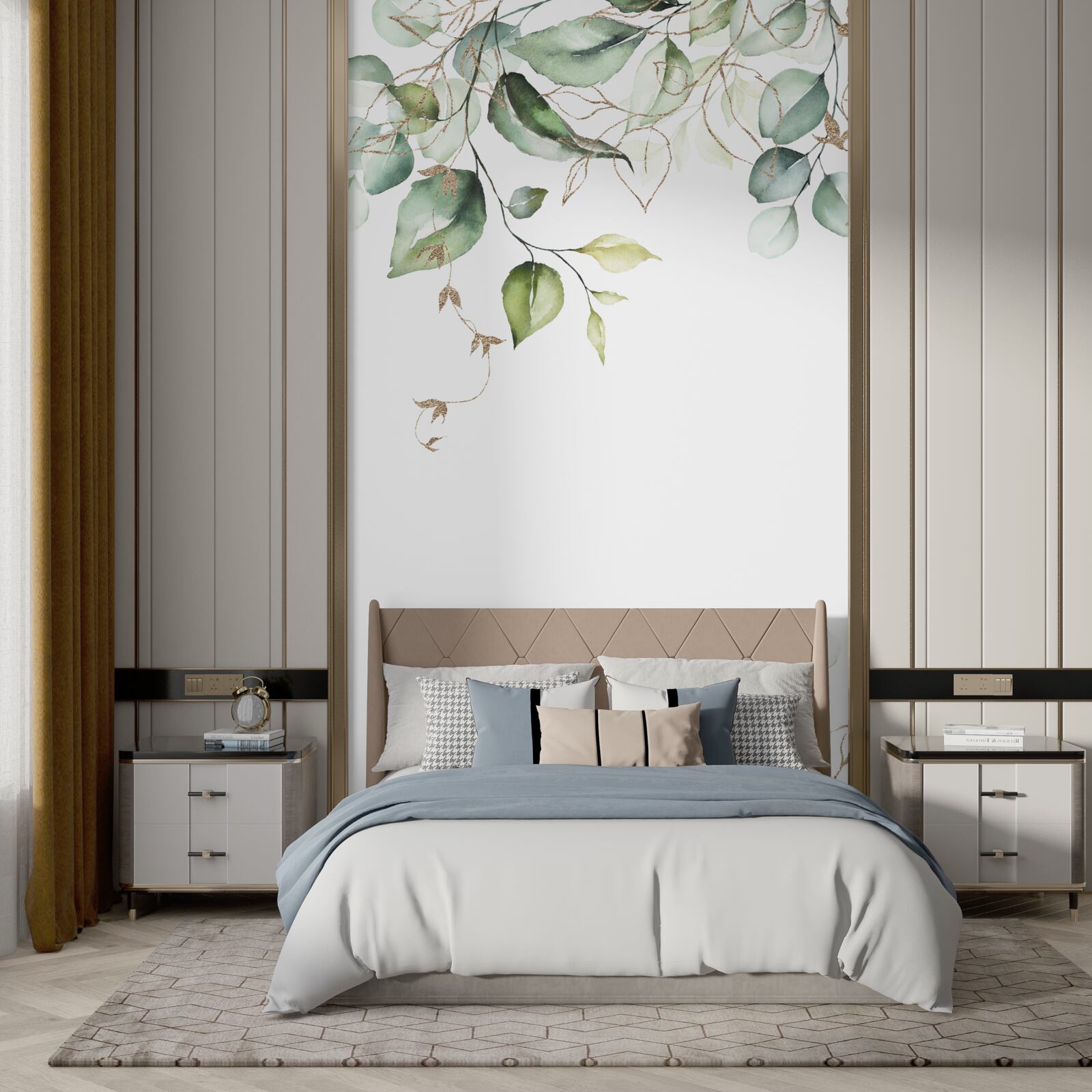 Papier peint Aquarelle avec des feuilles vertes sur fond blanc