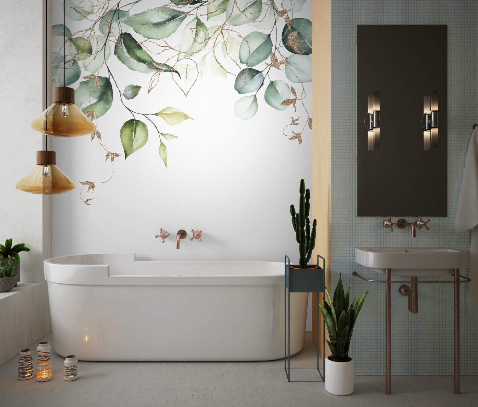 Papier peint Aquarelle avec des feuilles vertes sur fond blanc