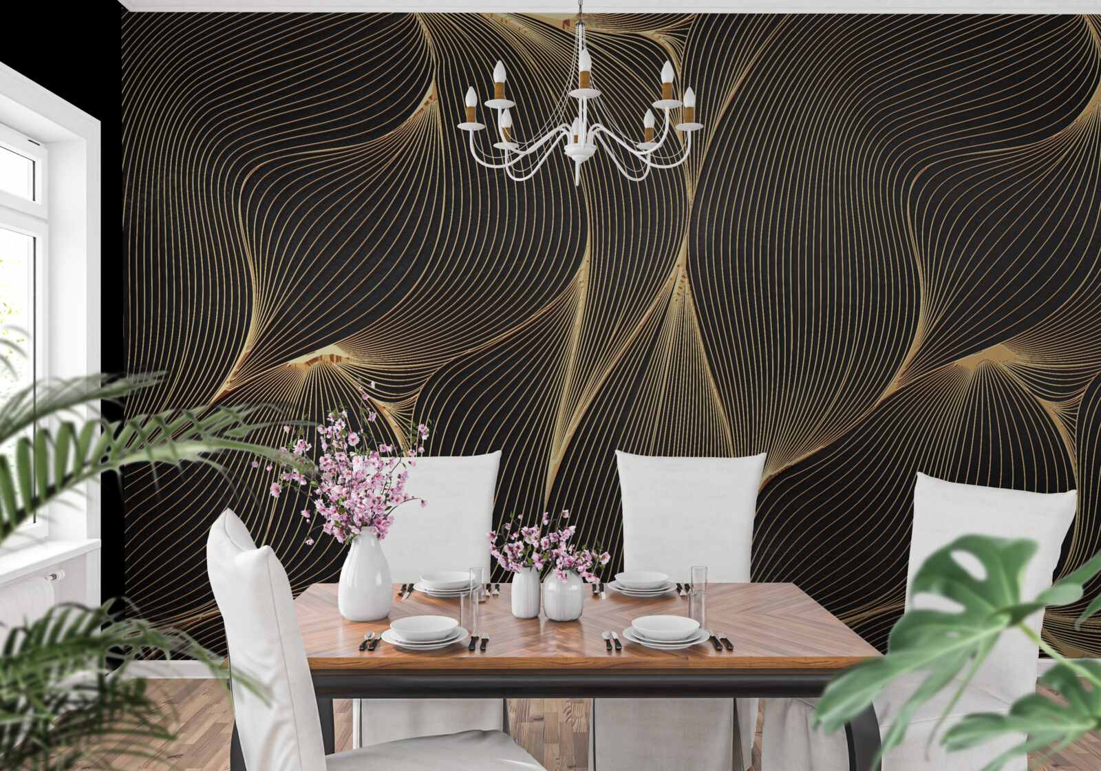 Papier peint abstrait avec des lignes douces et dorées