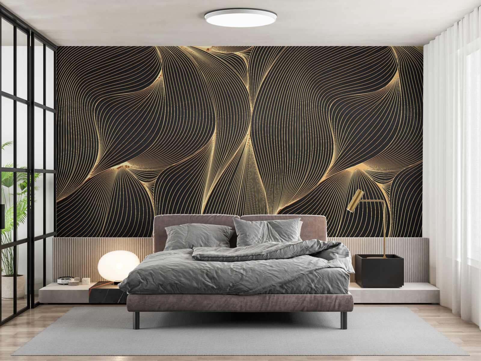 Papier peint abstrait avec des lignes douces et dorées