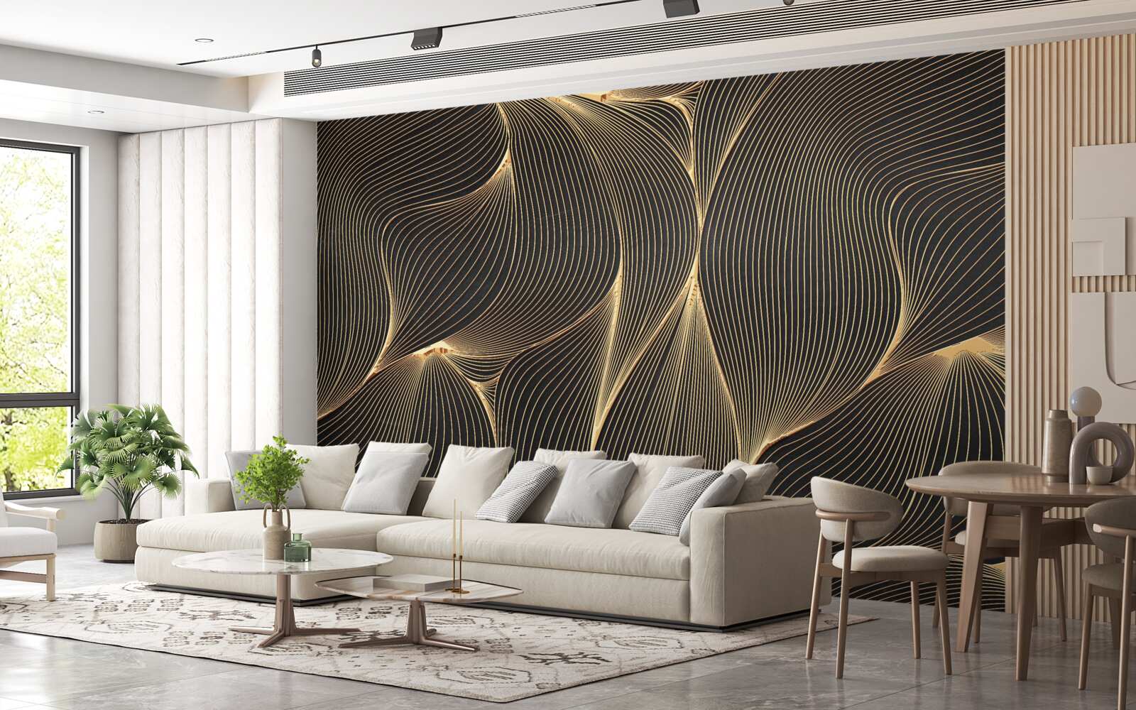Papier peint abstrait avec des lignes douces et dorées