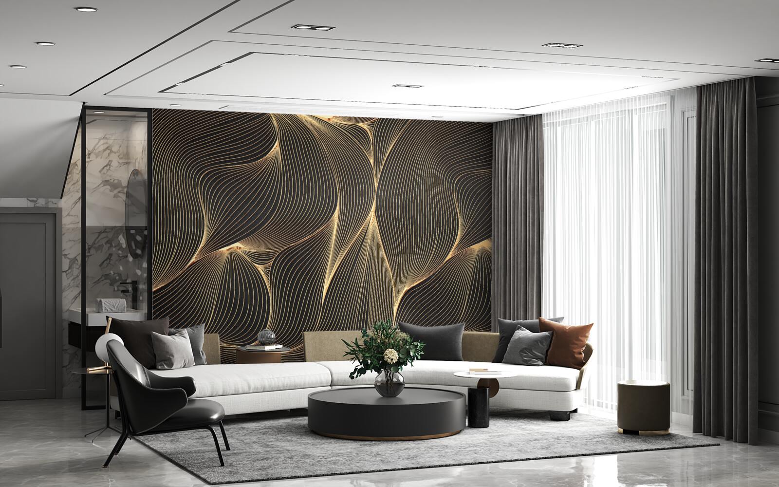 Papier peint abstrait avec des lignes douces et dorées